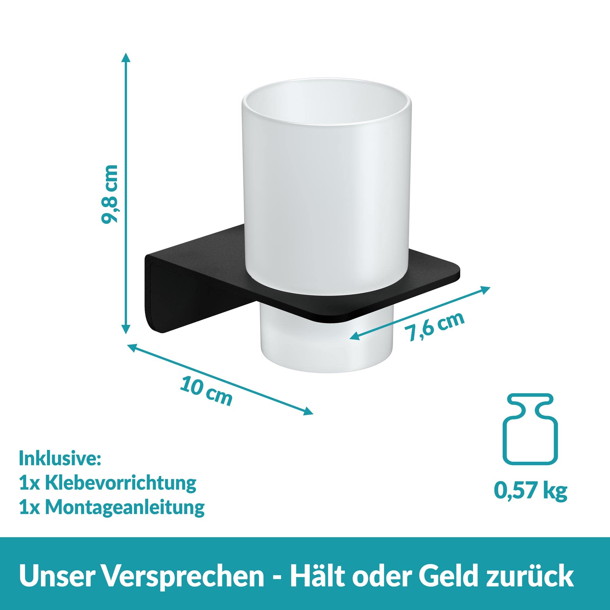 WEISSENSTEIN Zahnputzbecher ohne Bohren | Becher und Zahnputzbecherhalter zum Kleben an der Wand | Edelstahl Halterung und Glas weiß | in Schwarz Matt