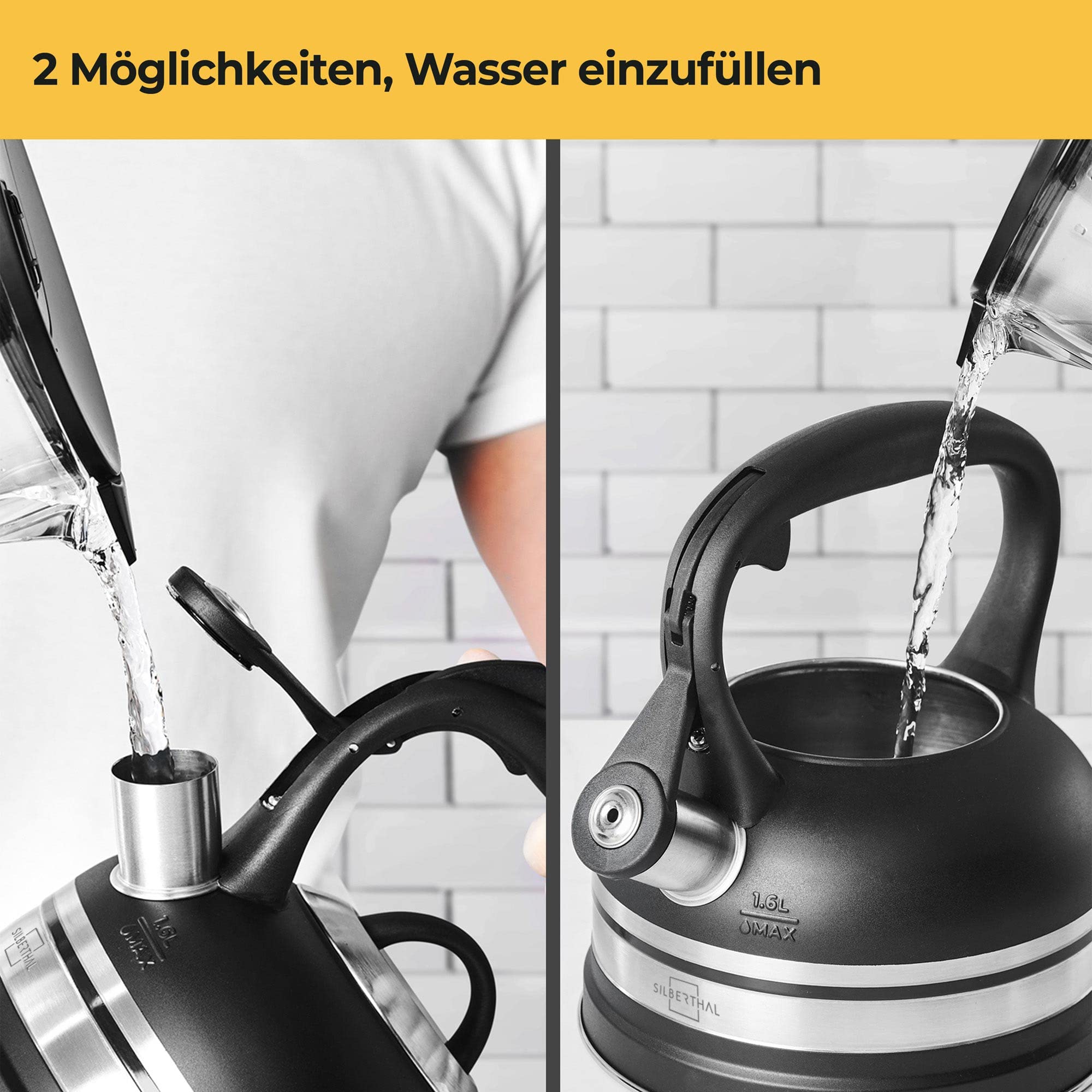 SILBERTHAL Wasserkessel Camping 2,3l – Edelstahl Pfeifkessel – Idealer Wasserkocher für Reisen – Schwarz