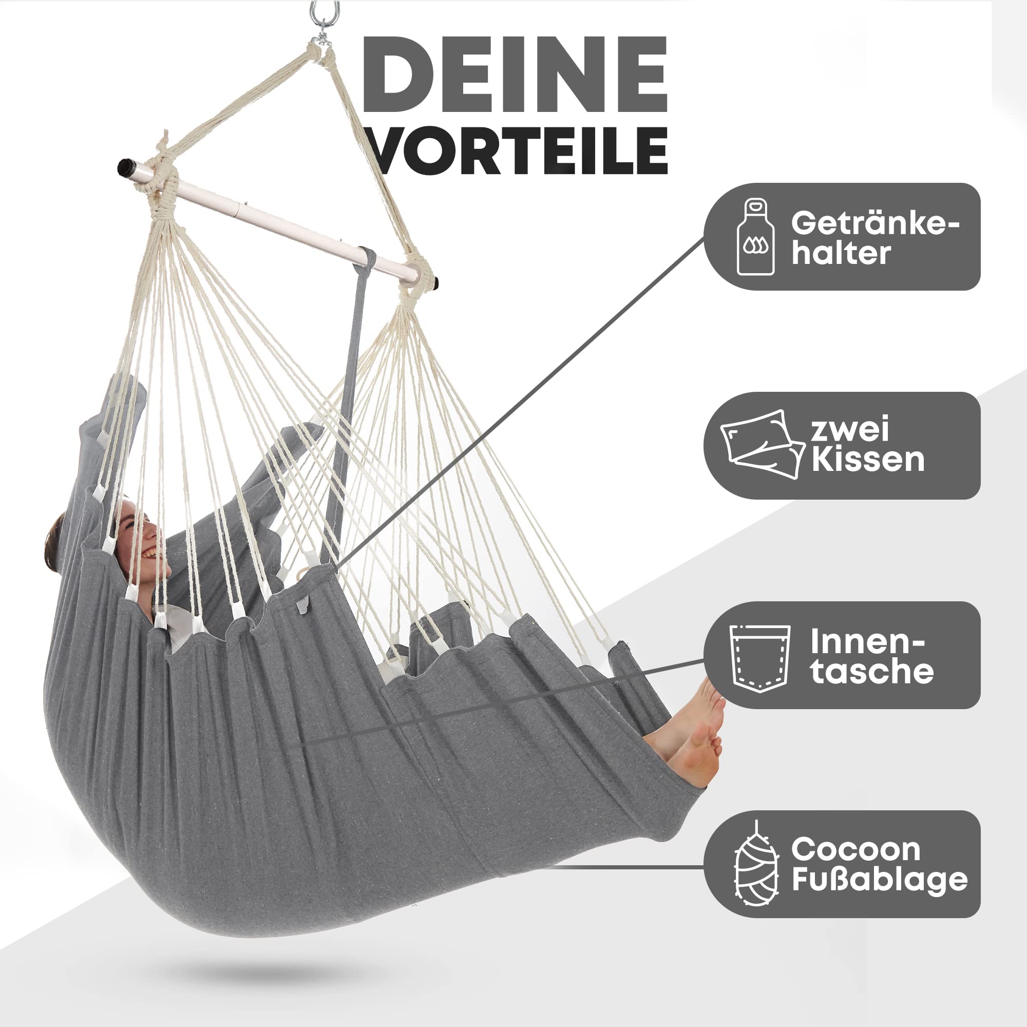 NearDistance® Hängesessel Unity mit Montageset, Hängestuhl Indoor Outdoor, Hängesessel ohne Gestell, Hängeschaukel für Erwachsene & Kinder, mit Fußablage & Kissen (Light-Grey MIT Montageset)