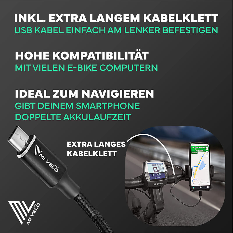 MIVELO E-Bike Ladekabel für Bosch Intuvia, Kiox(außer 300), Nyon (alt) - für iPhone Lightning oder Android USB-C, Micro USB Kabel für E-Bike Display 35 cm, OTG-Funktion, eBike Zubehör