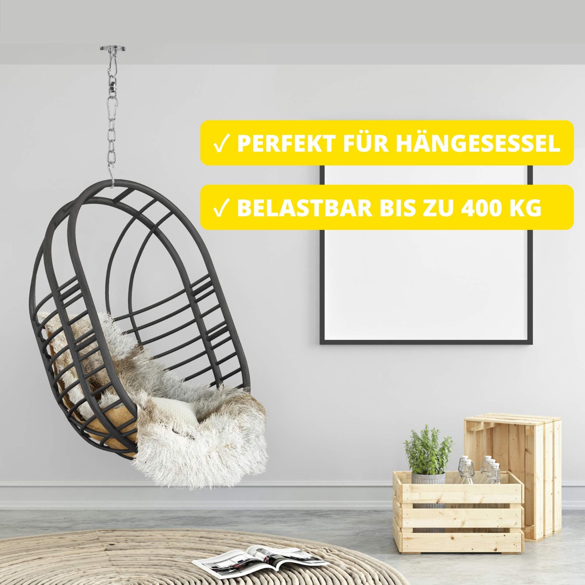 NEUBACH® Haken für Hängesessel [360 Grad drehbar] - 400kg Traglast - Da Boxsack Halterung aus rostfreiem Edelstahl, optimal für Draußen I Inkl. Karabiner und Verlängerungskette