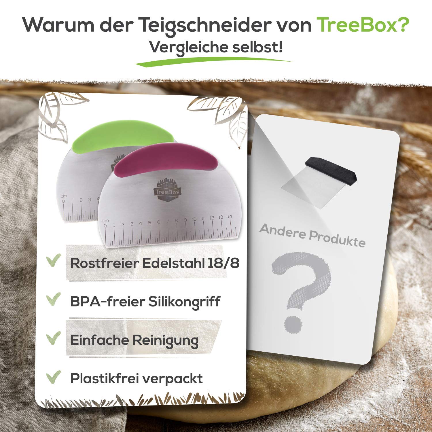 TreeBox Profi Teigschneider aus Edelstahl und Silikon – Der Moderne Teigschaber ohne Plastik – Stabil und Hitzebeständig - Perfekt für Kuchen, Torte und Plätzchen