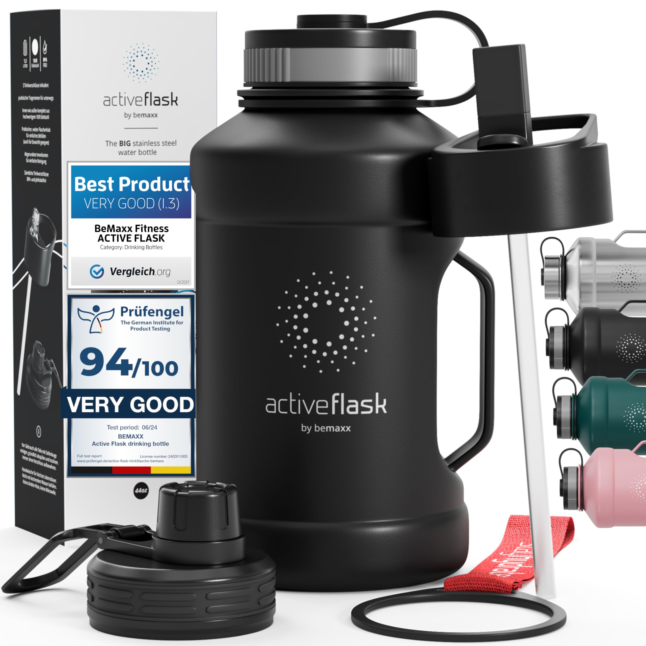 BeMaxx Trinkflasche Edelstahl ACTIVE FLASK + Strohhalm (3 Deckel) | Große 1,3 Liter Sportflasche BPA-frei Auslaufsicher Kohlensäure geeignet, 2l XL Wasserflasche Sport Outdoor Fitness Wasser Flasche