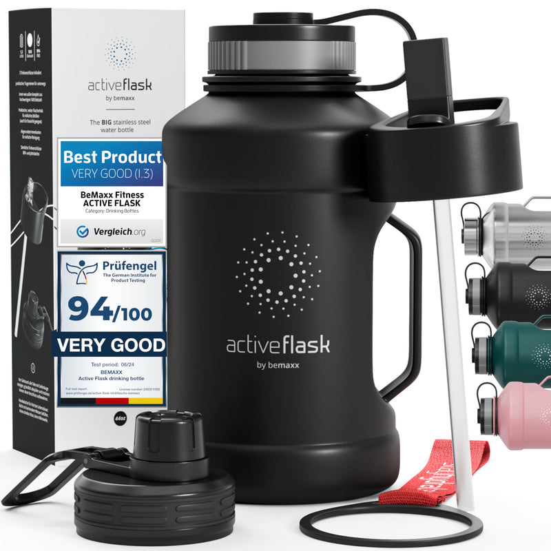 BeMaxx Trinkflasche Edelstahl ACTIVE FLASK + Strohhalm (3 Deckel) | Große 1,3 Liter Sportflasche BPA-frei Auslaufsicher Kohlensäure geeignet, 2l XL Wasserflasche Sport Outdoor Fitness Wasser Flasche