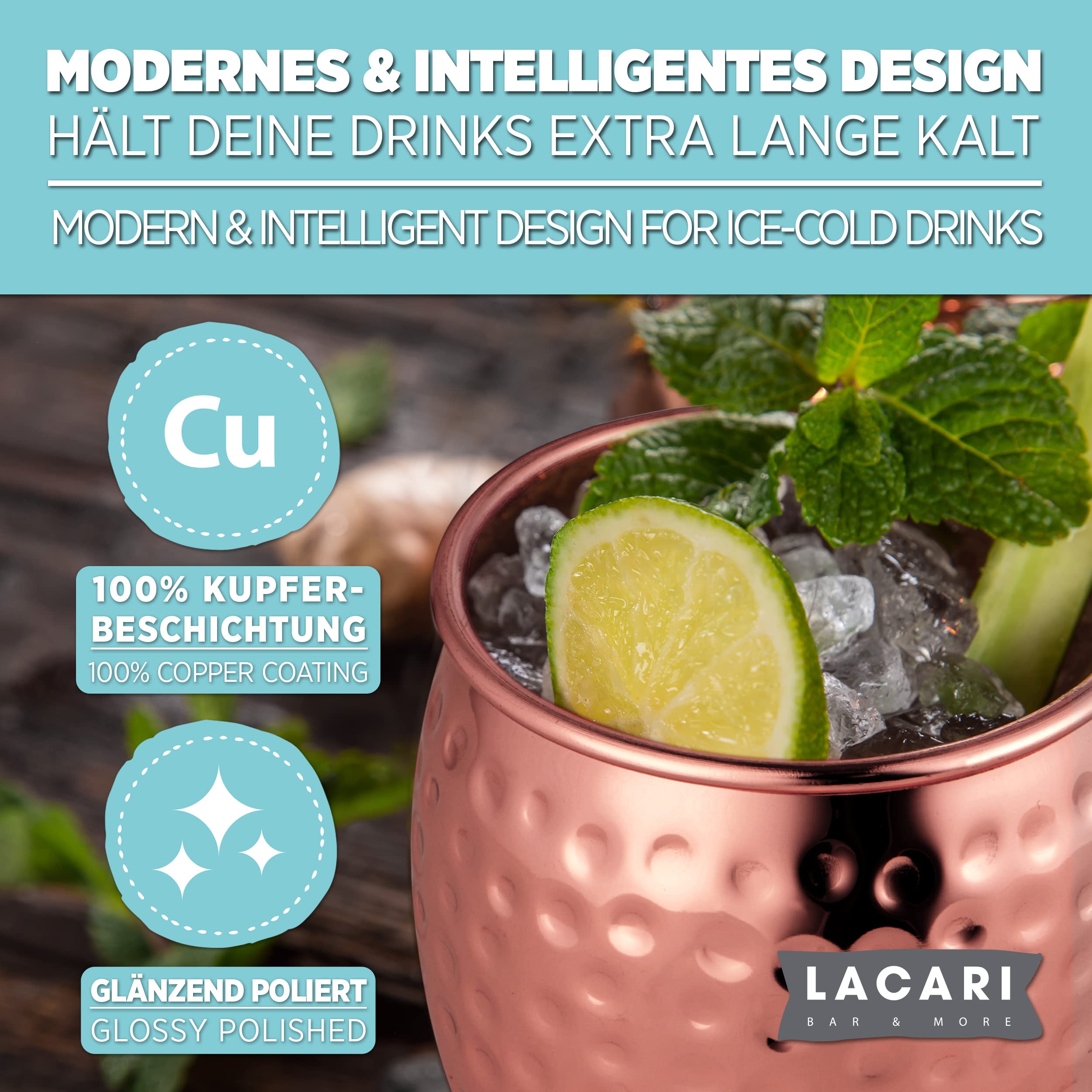 Moscow Mule Becher | Kupferbecher 470ml | Lacari ORIGINAL Set aus 2x Kupferbecher & 2x Strohhalme | Moscow Mule Becher 2er Set | Cocktail Bar Geschenk | Inkl. Moscow Mule E-Book