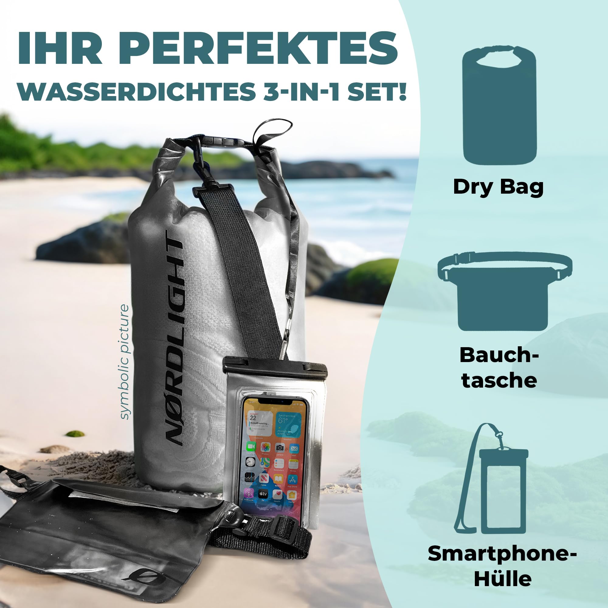 Nordlight wasserdichte Tasche 3er Set (Grau) - Dry Bag 10l + wasserdichte Handyhülle + wasserdichte Hüfttasche | IPX8 Schutz | Mit Verstellbaren Gurten Für Strand, Stand Up Paddling