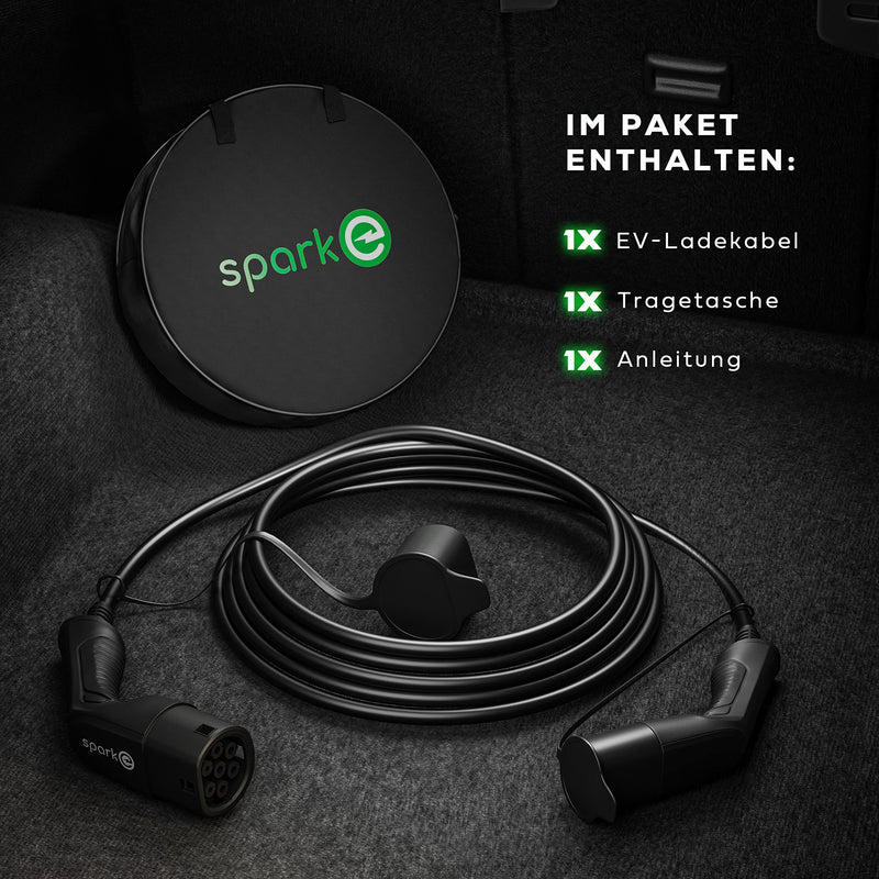 SPARK-E Typ 2 Ladekabel 11kW 5M für EV Elektroautos inkl. Tasche - Ladekabel E Auto - 16A3P Ladekabel Typ 2 - Ladekabel Elektroauto Typ 2 - Mode 3 Ladekabel Typ 2 - Ladekabel Typ 2 11kW - Wallbox