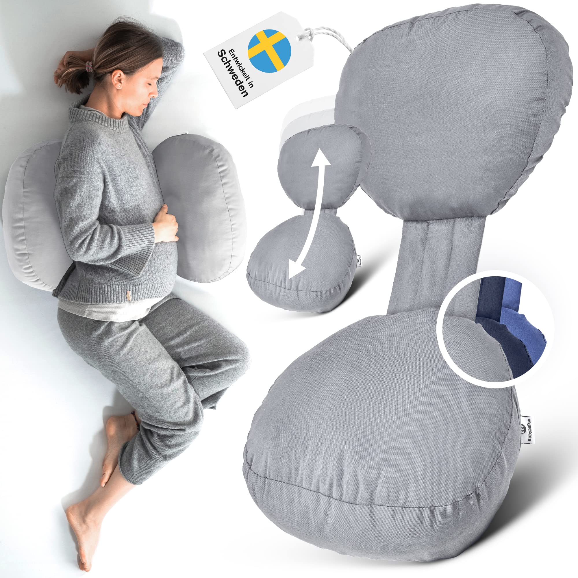 BabybeFun Schwangerschaftskissen mit waschbarem Stillkissenbezug | Seitenschläferkissen gegen Rückenschmerzen als Geschenkidee für werdende Mütter Pregnancy Pillow hellgrau; Farbe wählen..