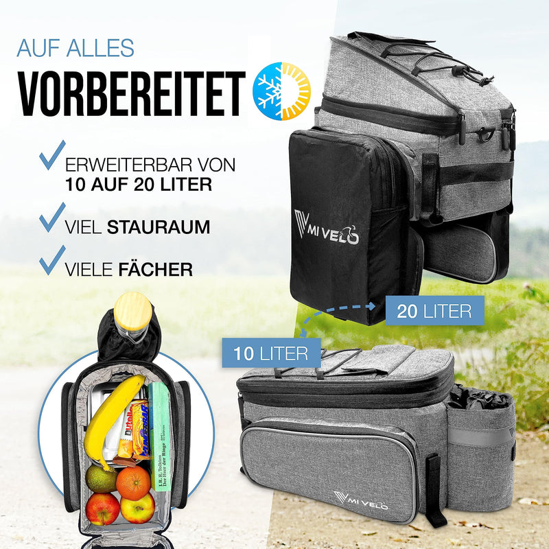 MIVELO - Fahrradtasche für Gepäckträger isoliert Gepäckträgertasche Kühltasche Fahrrad - bis zu 20L - wasserabweisend (Grau- isoliert)