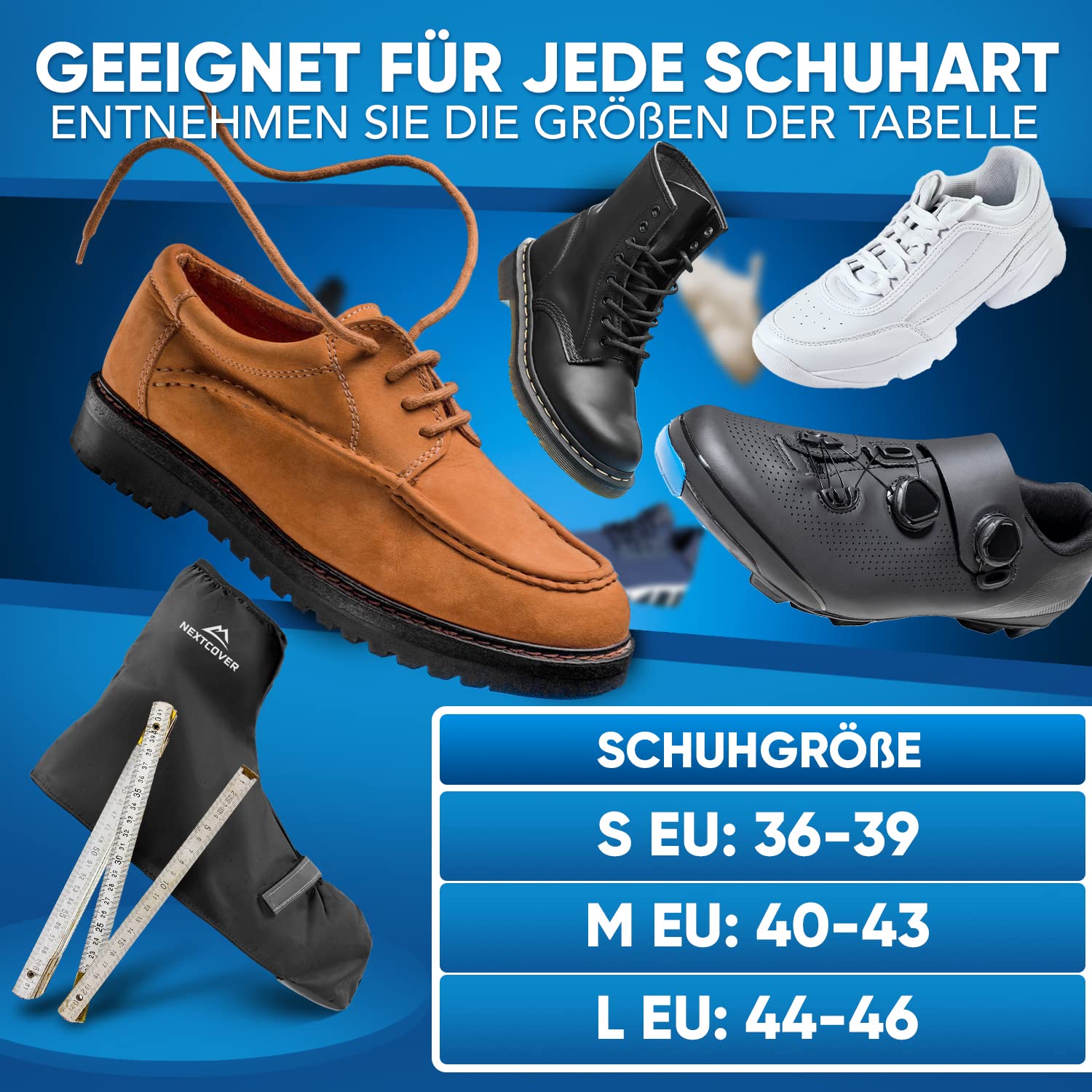 Nextcover NEU Universelle Überschuhe Fahrrad I 100% Wind-& Wasserdichte Fahrrad Überschuhe für effektiven Schutz vor Nässe I Reflektierende Regenschutz Schuhe I Schuhüberzieher Fahrrad (Schwarz,44-46)