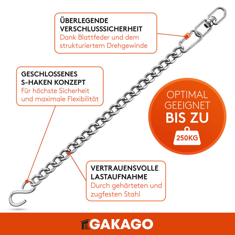 Gakago Verlängerungskette als Hängesessel Kette, Schaukel Verlängerung, Boxsack Halterung - Extra Starke Stahlkette mit S-Haken, Drehwirbel und Karabiner - Flexible Aufhängung auch für Draußen