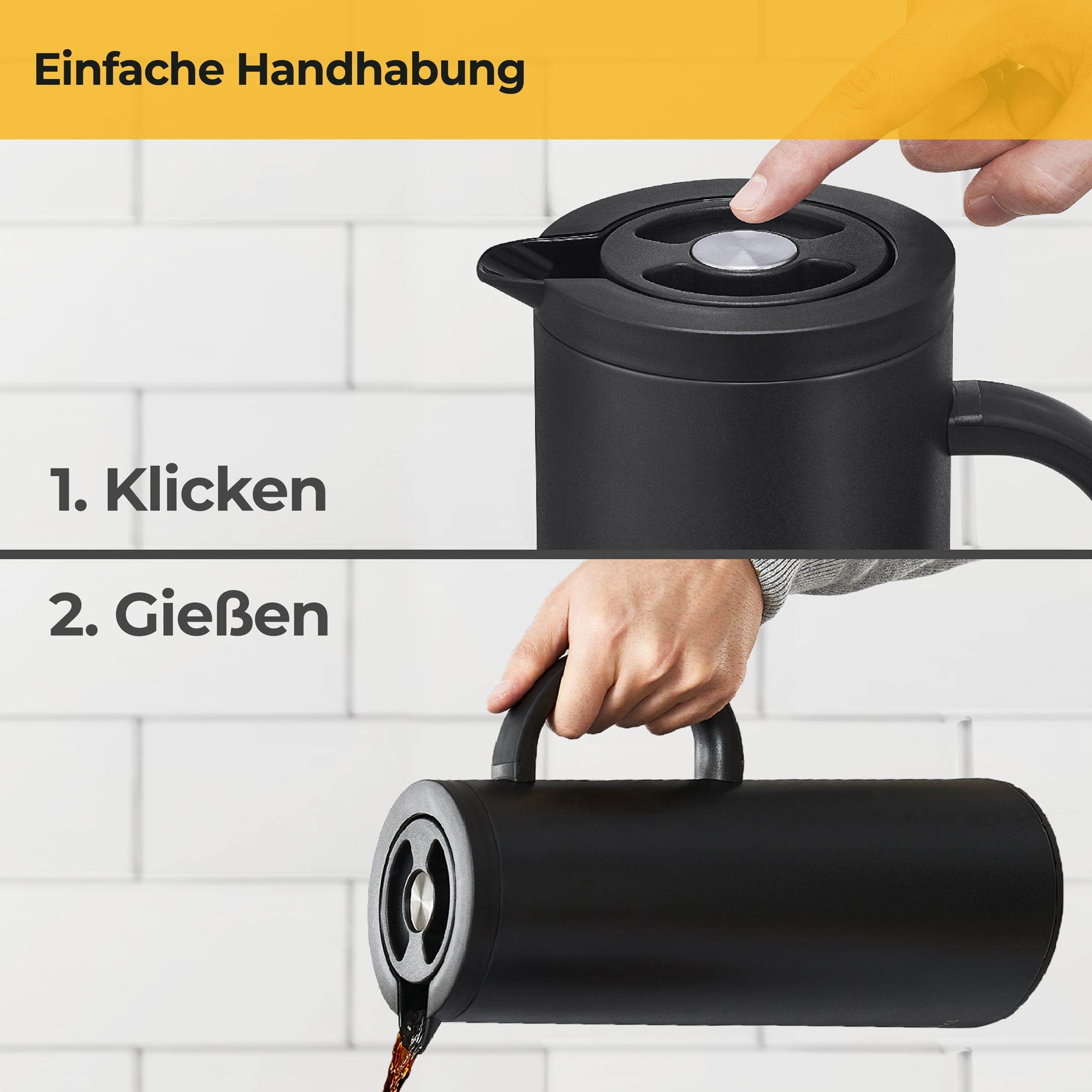 SILBERTHAL Thermoskanne 1l Edelstahl - Doppelwandige Isolierkanne mit Drehverschluss & Glaseinsatz - Moderne Kaffeekanne in Schwarz Matt