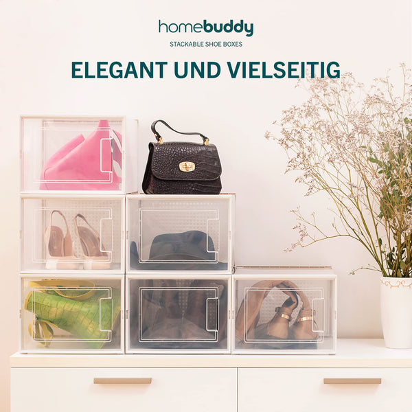 HomeBuddy Schuhbox - 12 Schuhboxen Stapelbar - Stabile Schuhaufbewahrung - Schuhboxen Stapelbar Transparent mit Rückseitiger Lüftung - Transparenter Schuhorganizer mit Bambuskohle-Desodorierer