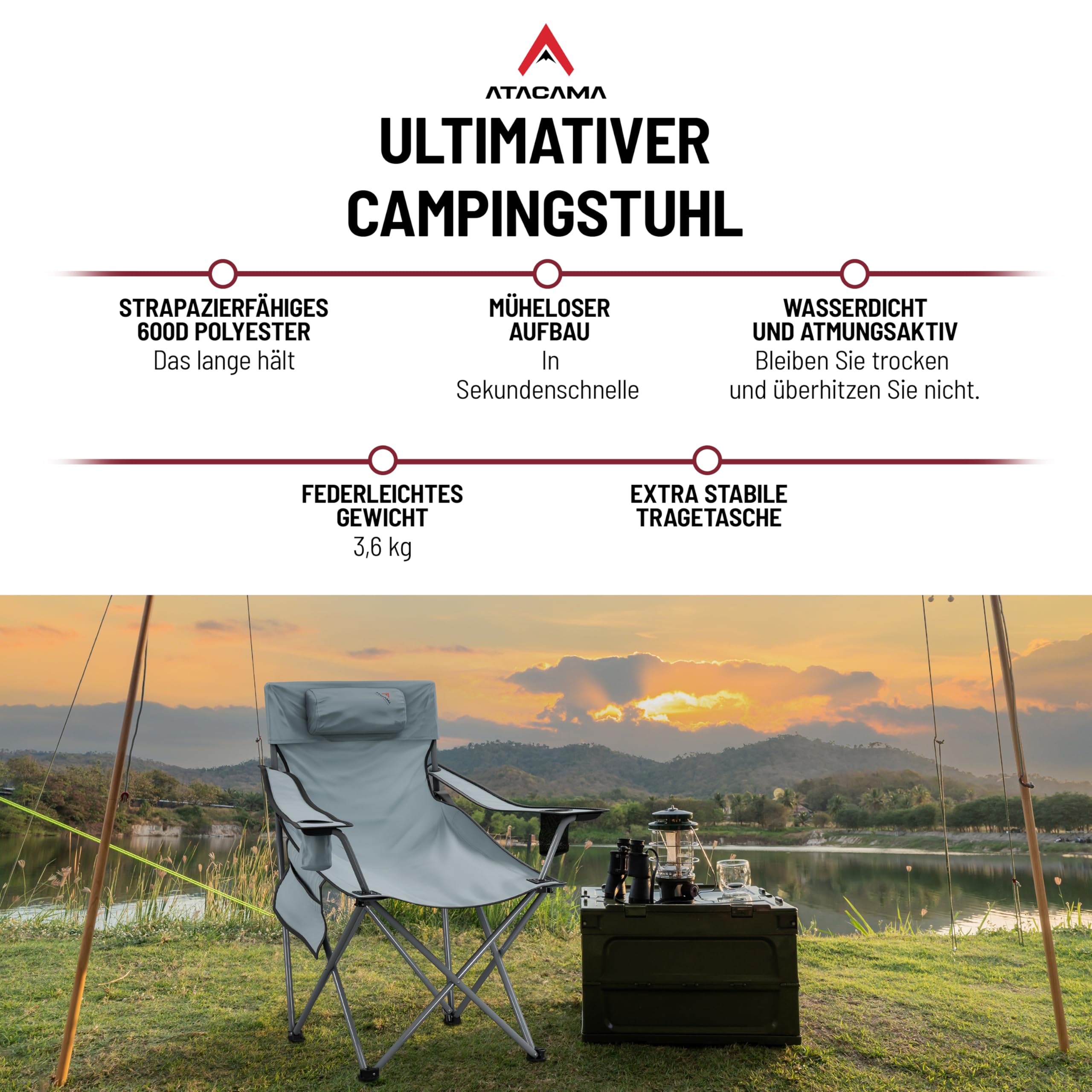 Atacama Angelstuhl Campingstuhl Faltbar Robust, Faltbar & Komfortabel für Outdoor, Camping, und Anglerstuhl - Faltstuhl Camping Stuhl - Leichtgewicht Campingstühle - Klappstuhl Camping bis 150 kg