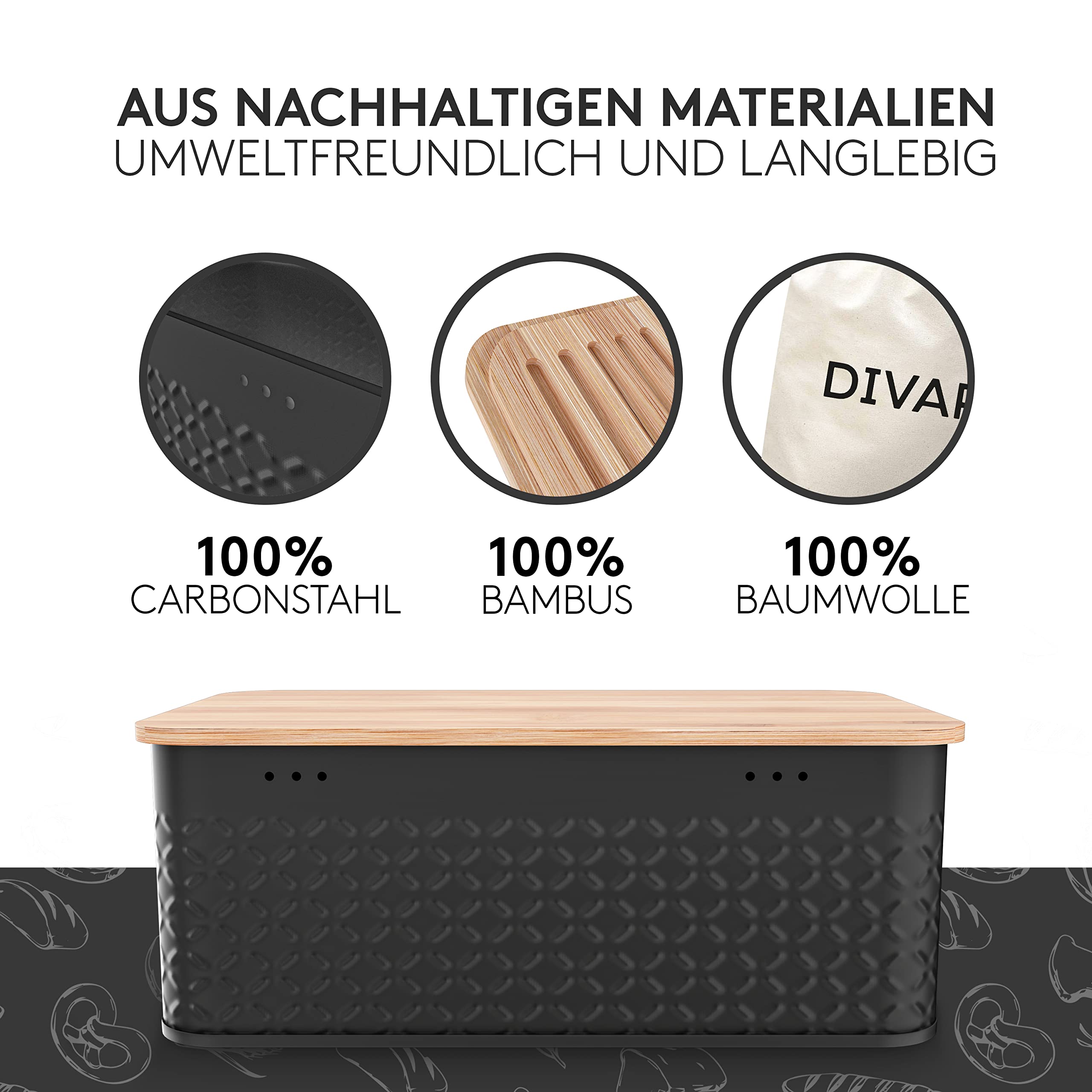 DIVARØ Brotkasten – Brotbox mit Bambusdeckel [2in1 Funktion] – Aus Karbonstahl für lange Frische – Nachhaltiger Brottopf – Brotbehälter & Brotsack – Brotkorb mit praktischem Schneidebrett –33x19x12cm