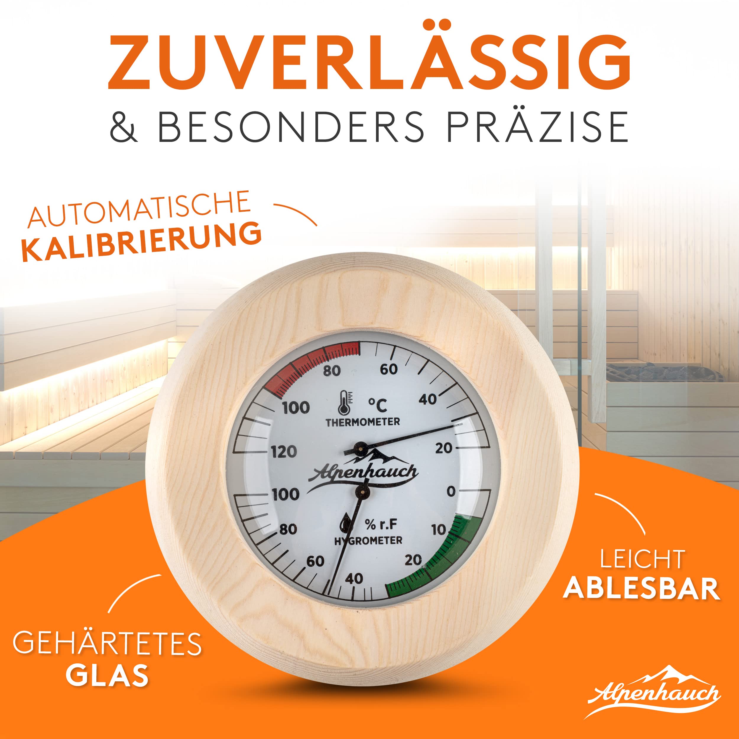 ALPENHAUCH Sauna Thermometer Hygrometer Holz [2in1 Funktion] - Besonders präzises Saunathermometer mit gehärtetem Glas - Automatische Kalibrierung - Edles Sauna Zubehör - Hygrometer Thermometer Sauna