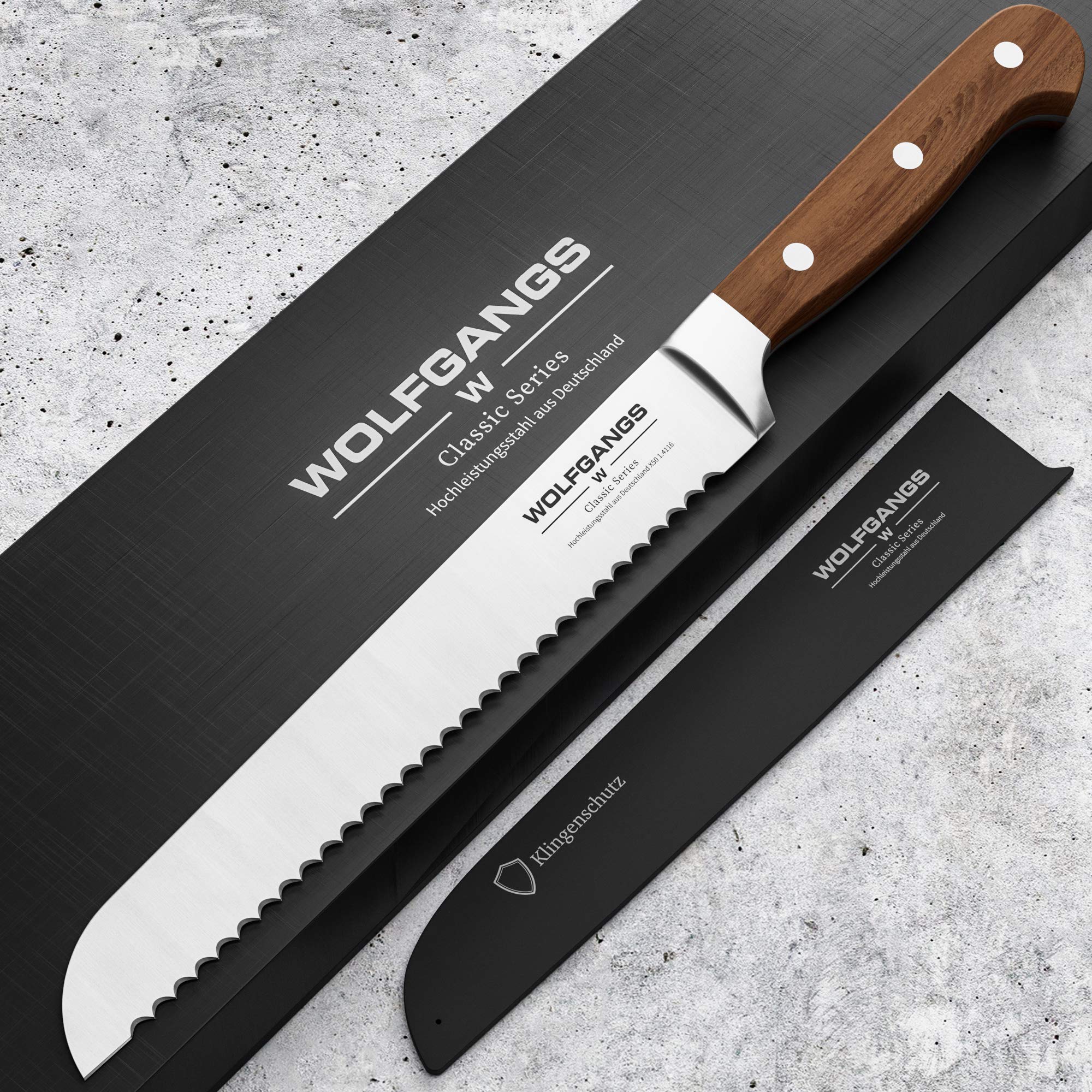 Wolfgangs Premium Brotmesser - Extrascharfe Qualitäts-Klinge aus rostfreiem deutschem Edelstahl - Brotmesser Wellenschliff - Bread Knife in edlem Design - Profi-Küchenmesser Top-Qualität (braun)