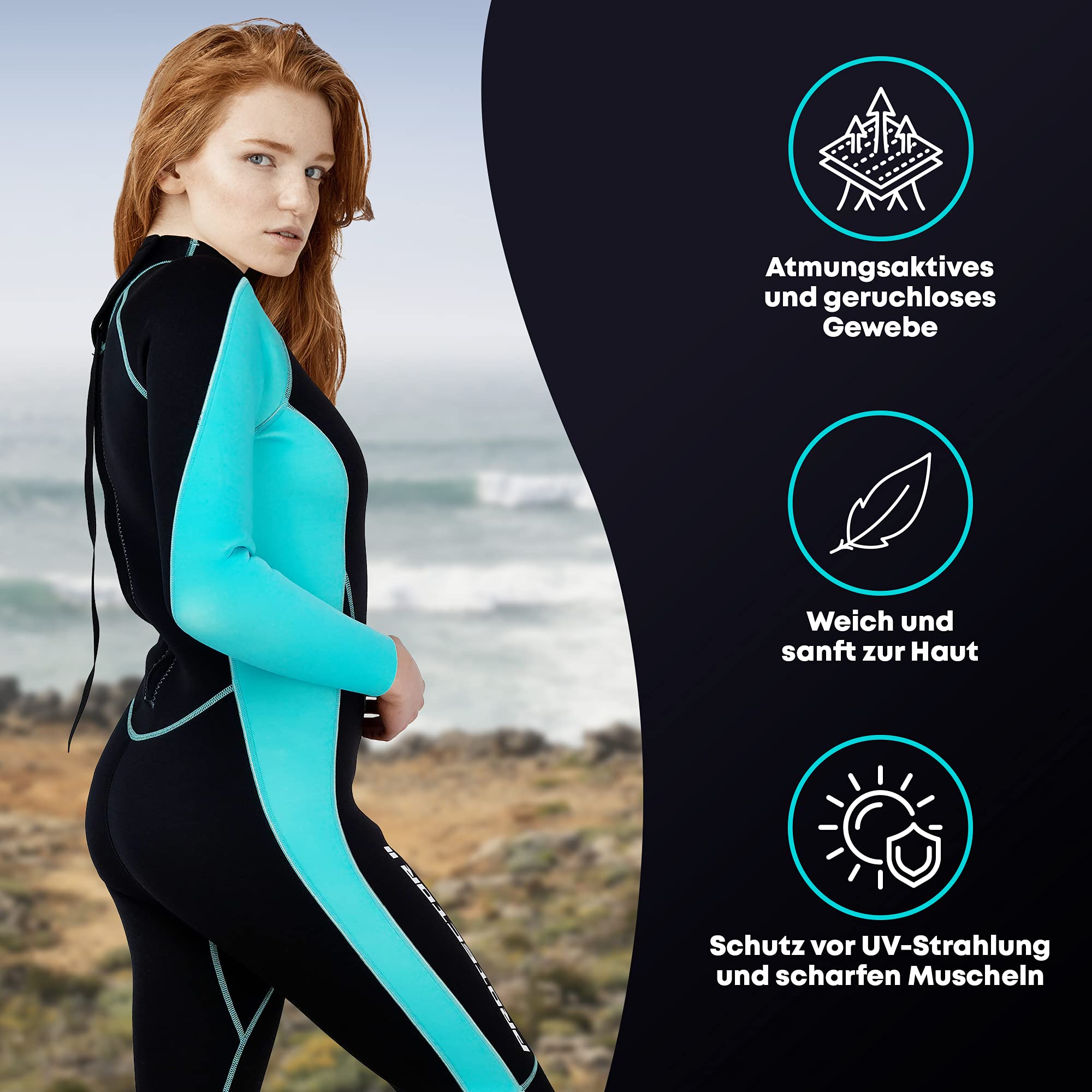 T´SUITS Neoprenanzug Damen [3mm, Lang, 4-Elements] | Tauchen, Schwimmen, Surfen, Kiten, Wasserski, Rafting - Jetzt Größe Wählen (XS, Damen Schwarz/Aquamarine)