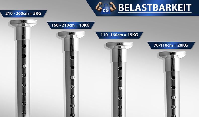 MEISENBERG Rostfreie Edelstahl Teleskopstange ohne Bohren 260-310cm, Ø25mm Multifunktionale Gardinenstange Klemmbar - Vorhangstange, Spannstange Ausziehbar - für ihre Gardinen, Trennwand und Balkon