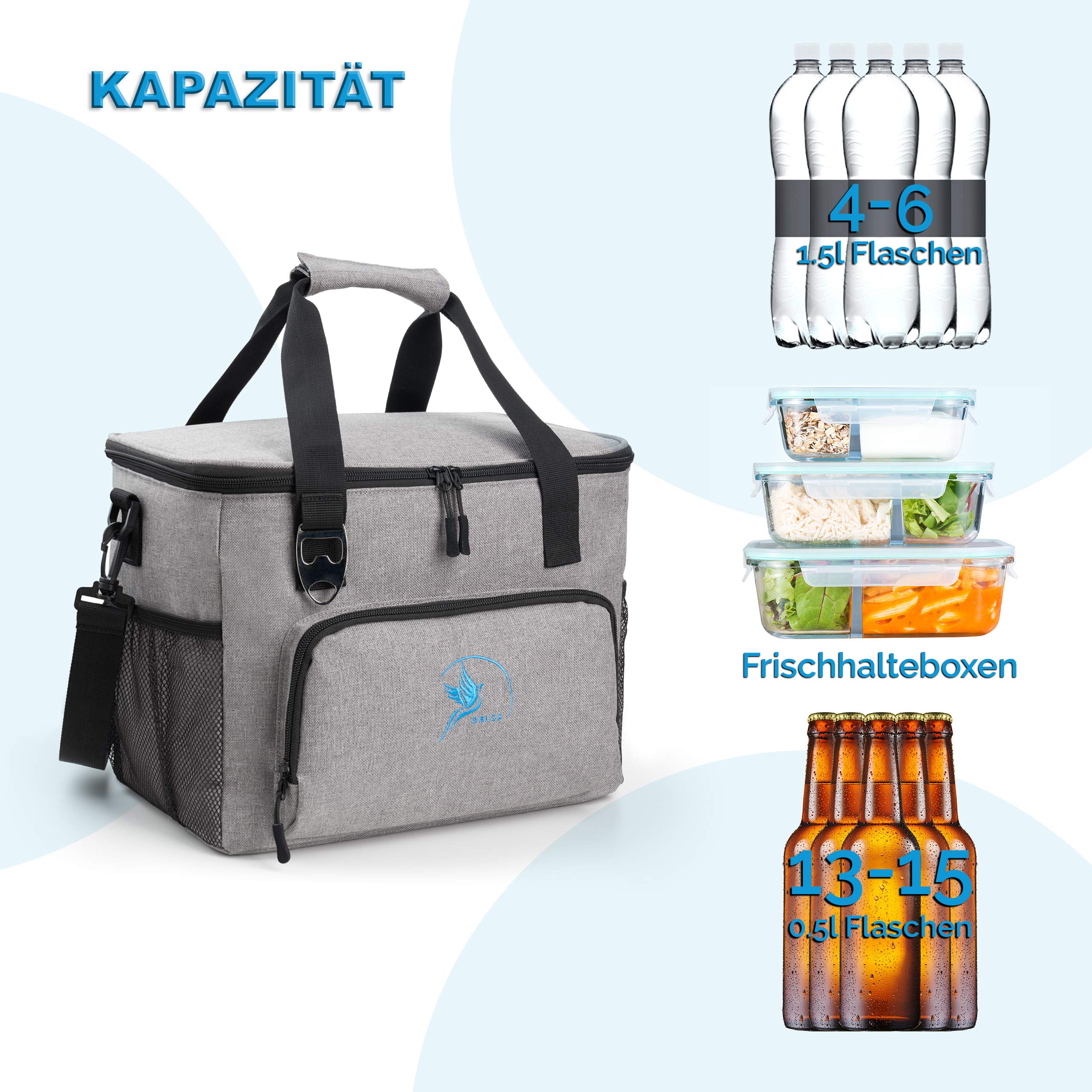 Obics Kühltasche klein 20l Kühlbox Lunchtasche mit Kühl-Akku faltbar - Thermo Isoliertasche Picknicktasche grau für Getränke & Auto - Thermotasche Essenstasche isoliert unterwegs - Einkaufstasche