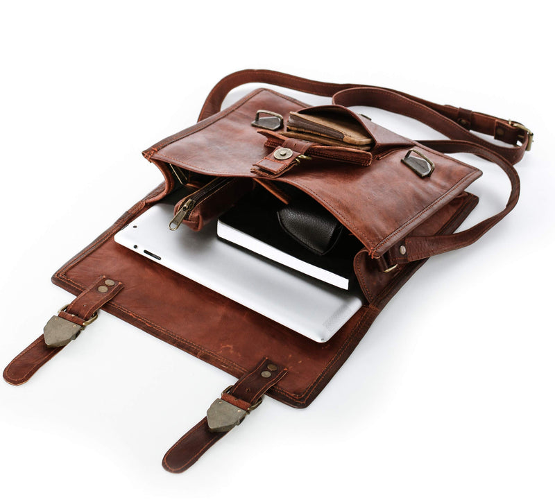 NAMA 'Franz' Messenger Bag Klein Umhängetasche Echtes Leder Vintage Schultertasche für Damen und Herren Handtasche Reisetasche Tablettasche Naturleder Braun