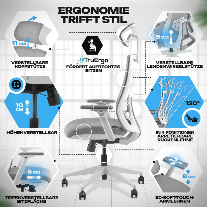 VALKENSTOL M3 Pro Ergonomischer Bürostuhl 150 kg Grau – [Höhenverstellbare Lordosenstütze] Schreibtischstuhl Bürostühle Bürostuhl Ergonomisch PC Stuhl Drehstuhl Office Chair Ergonomic Weiss