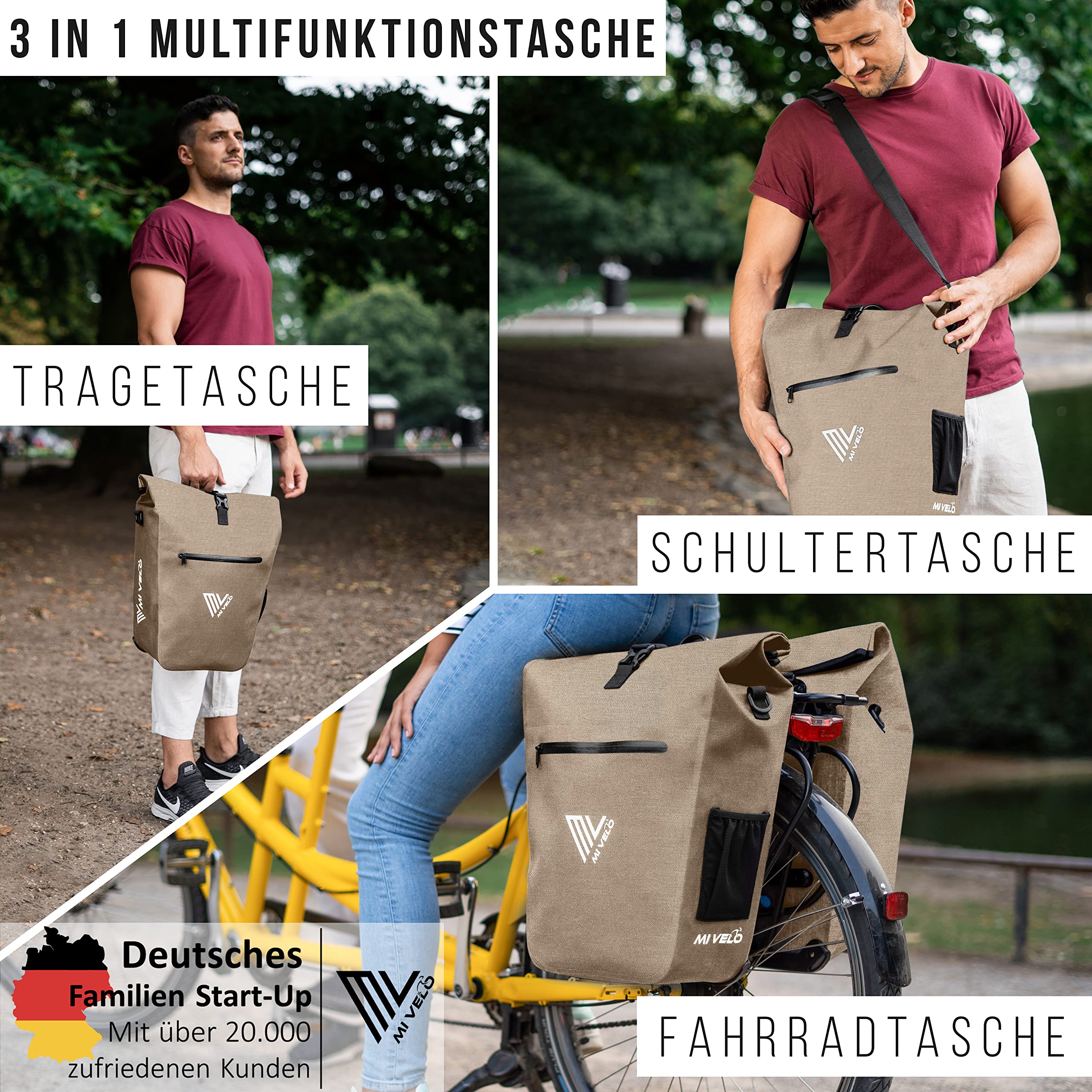 MIVELO 2in1 Fahrradtasche Gepäckträgertasche wasserdicht 100% PVC frei + Laptopfach – Fahrrad Tasche für Gepäckträger 1 STK Sand-beige