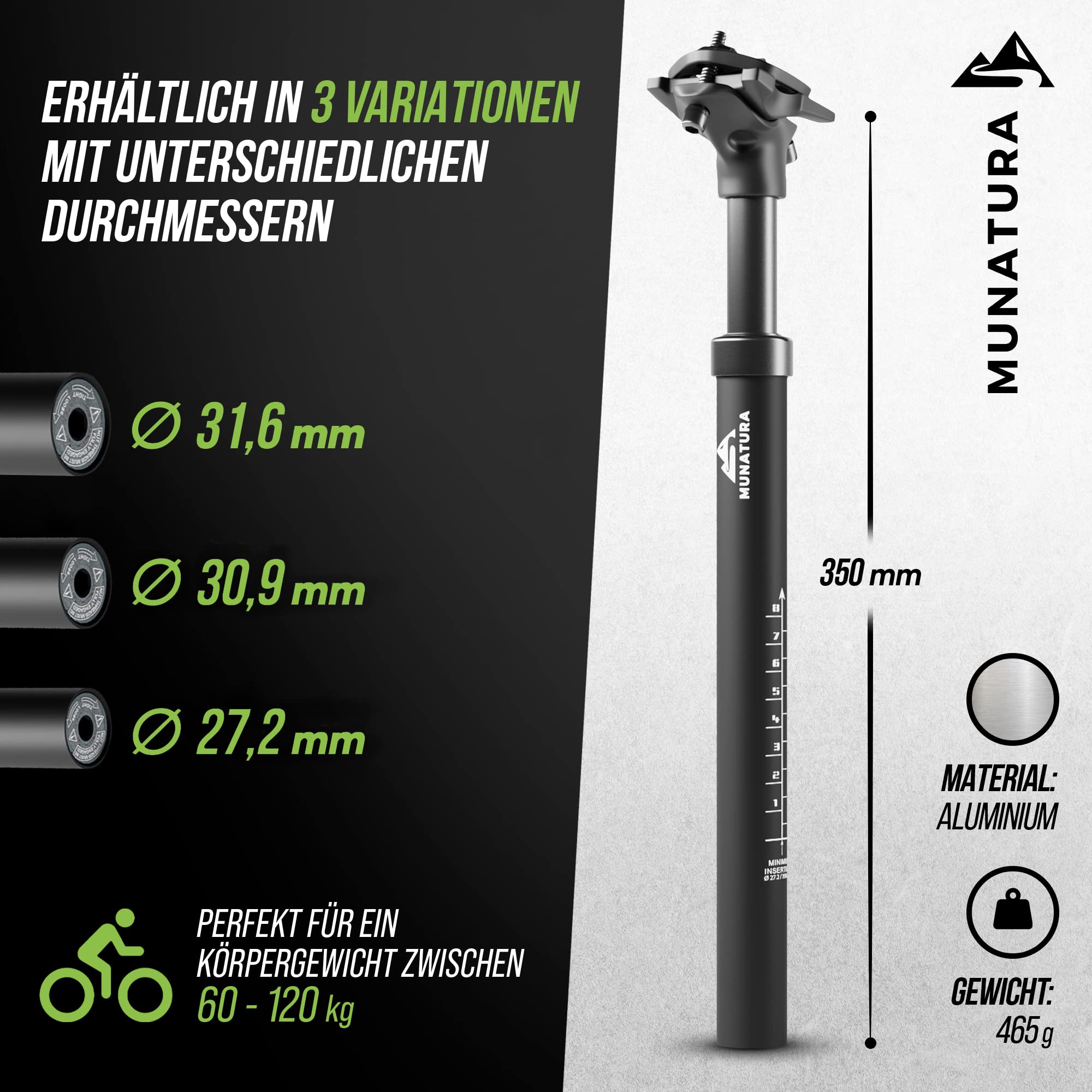 MUNATURA Premium Sattelstütze gefedert Ø27,2 - Komfortables Fahrerlebnis – Leicht und Verstellbar - Passend für jedes Fahrrad