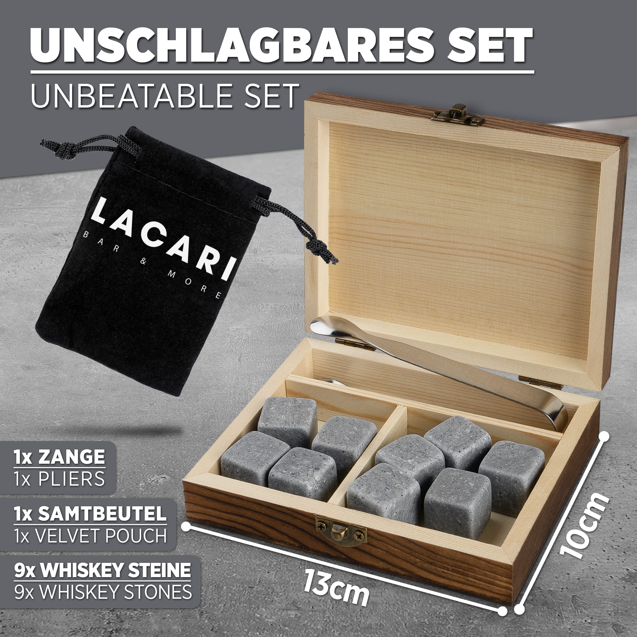 Whisky Steine | 9x Wiederverwendbare Eiswürfel | Lacari ORIGINAL Whiskey Steine | Whisky Geschenkset mit Holzbox, Zange & Stoffbeutel | Kein Verwässern für Whiskey, Rum, Gin | Geschenk Geburtstag