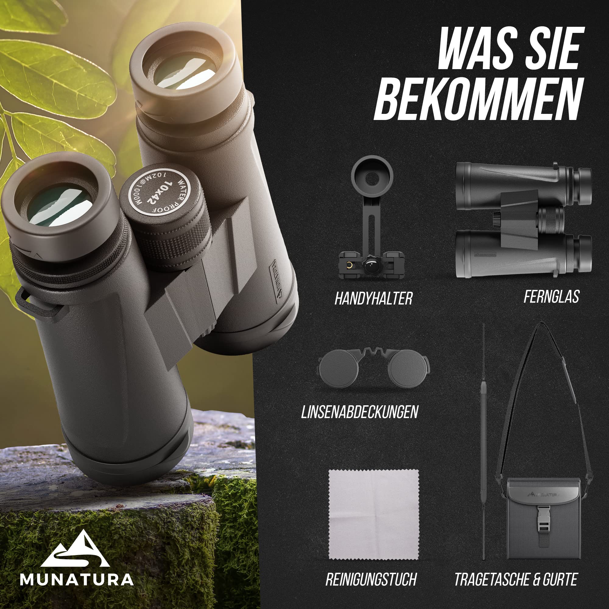 MUNATURA Fernglas Erwachsene 10x42 - Perfektes Fernglas für Brillenträger - Fernglas Vogelbeobachtung - Gestochen scharfe Bilder Dank BaK4 und FMC