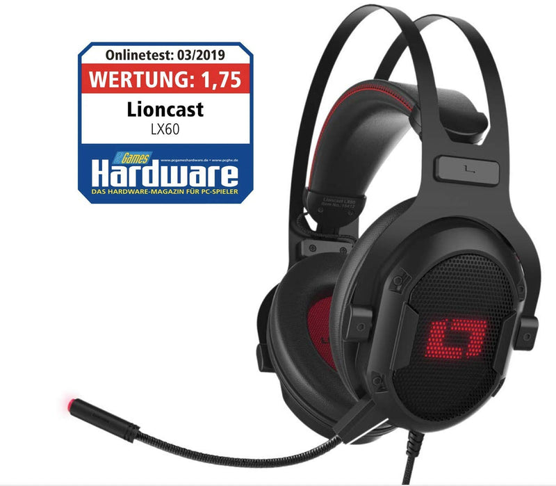 Lioncast LX60 USB Gaming Headset für PC, PS4, Xbox One, Nintendo Switch, Mac, Laptop, Smartphone, Stereo und 7.1 Virtual Surround Sound, RGB-LED-Beleuchtung, geschlossene Over-Ear Kopfhörer, MUTE-LED