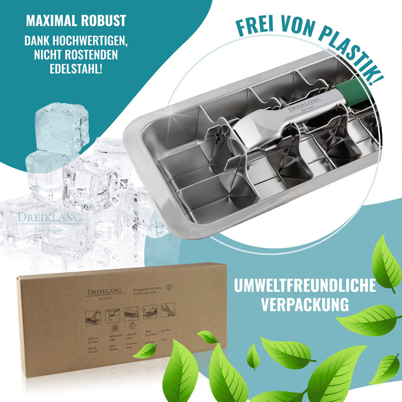 Dreiklang - be smart® Polierte 18/8 Edelstahl Eiswürfelform mit Hebeleinsatz für müheloses Entnehmen I kälteschonenden Komfortgriff I Lebensmittelecht & langlebige Retro Eiswürfel-Form I Plastikfrei