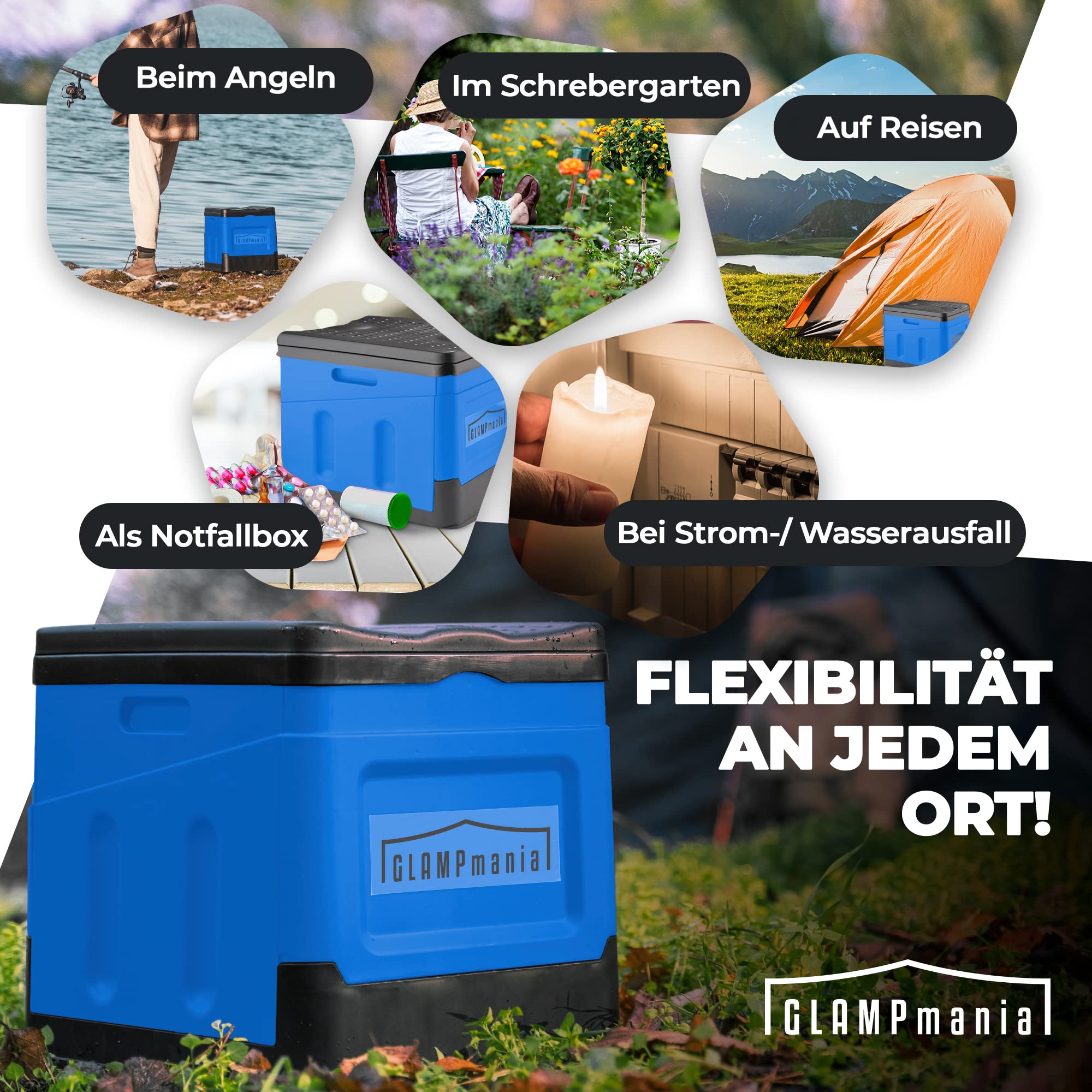 GLAMPmania Campingtoilette ohne Chemie [SEHR STABIL] für Tüten | Platzsparend, Flexibel und Clean | Die Mobile Toilette für Outdoor Camping, Festival, EDC, Zelten | Blau