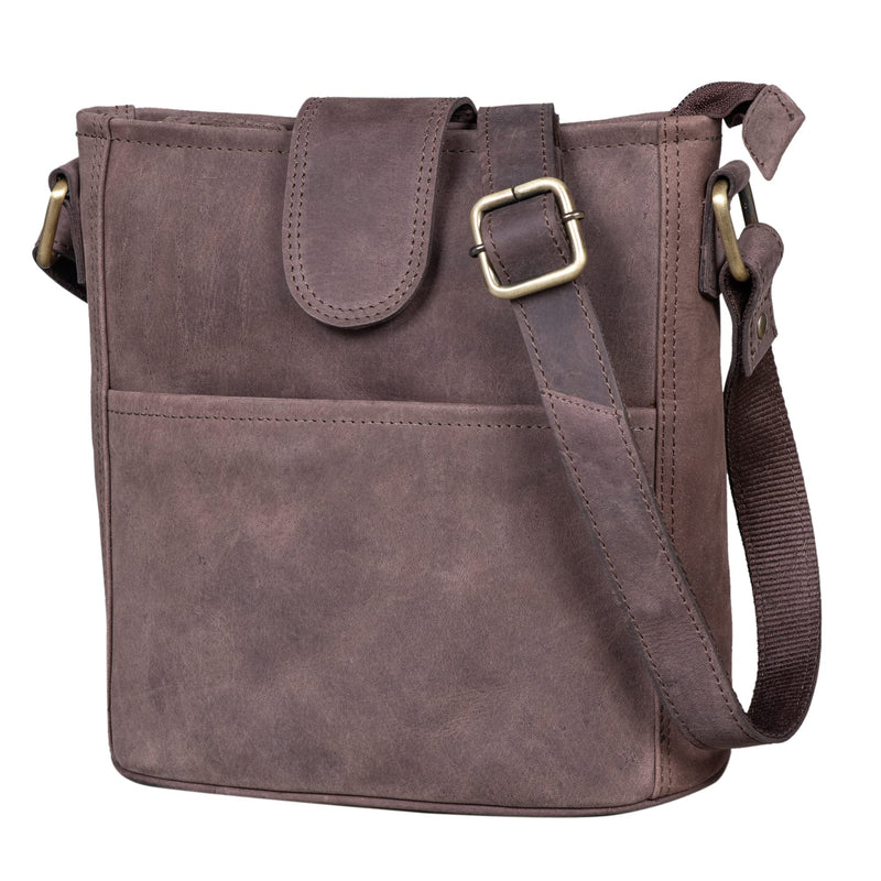 LEABAGS Leder Handtasche Damen I Premium Echtleder Umhängetasche I Damen Schultertasche I Damentasche I Tragetasche für Arbeit Uni Schule Freizeit I Größe M (24 x 23 x 6 cm) I Nature Dunkelbraun