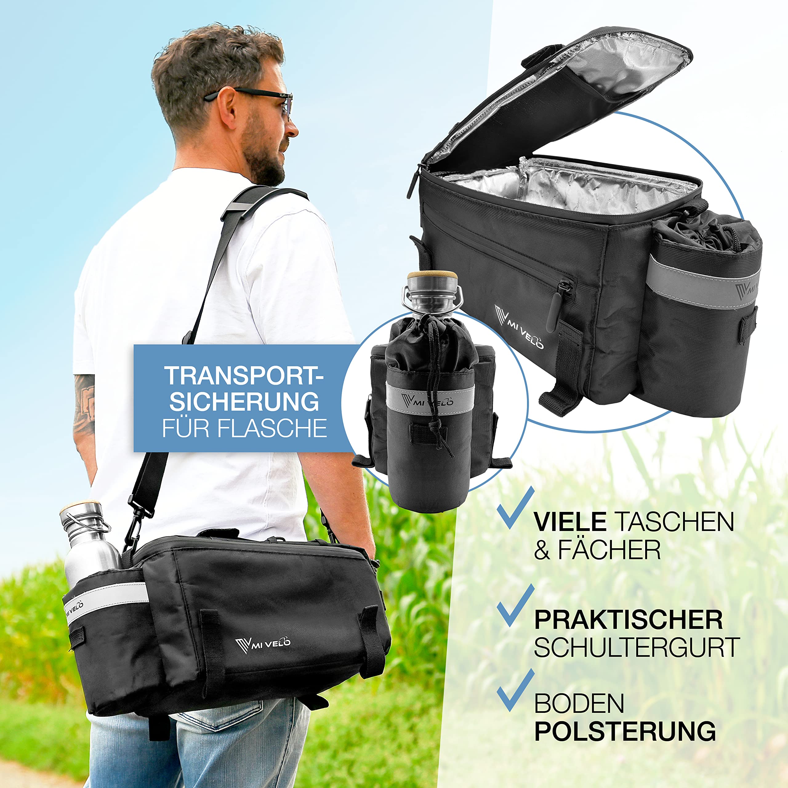 MIVELO - Fahrradtasche für Gepäckträger - Kühltasche Fahrrad - isolierte Gepäckträgertasche - wasserabweisend - 10L - schwarz