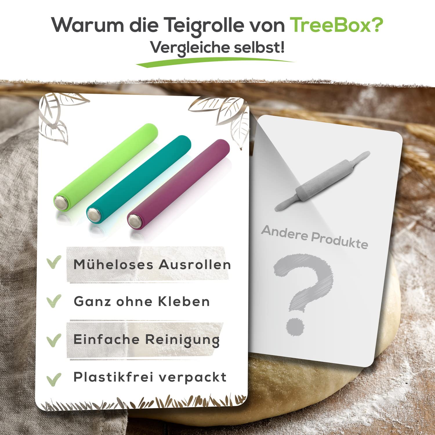 TreeBox Profi Teigrollausroller aus Silikon und Edelstahl - Modernes Nudelholz ohne Griffe mit Antihaftwirkung - Fondant und Teig im Handumdrehen Ausrollen