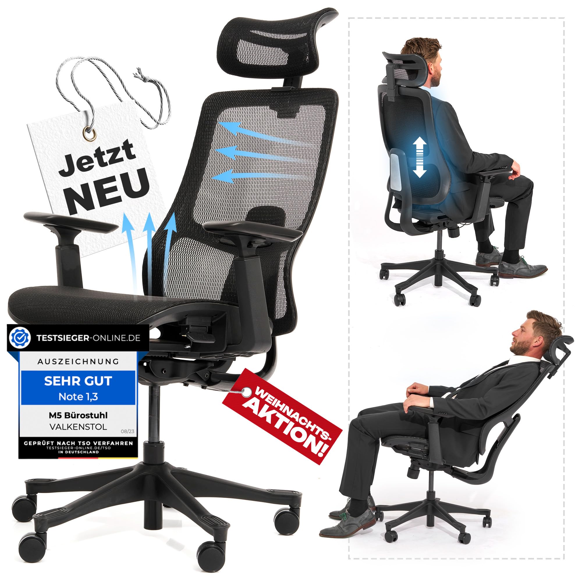 VALKENSTOL M5 Bürostuhl Ergonomisch - Höhenverstellbare Rückenlehne, Mesh-Sitz - Ergonomischer Bürostuhl Schreibtischstuhl Office Chair Bürostühle