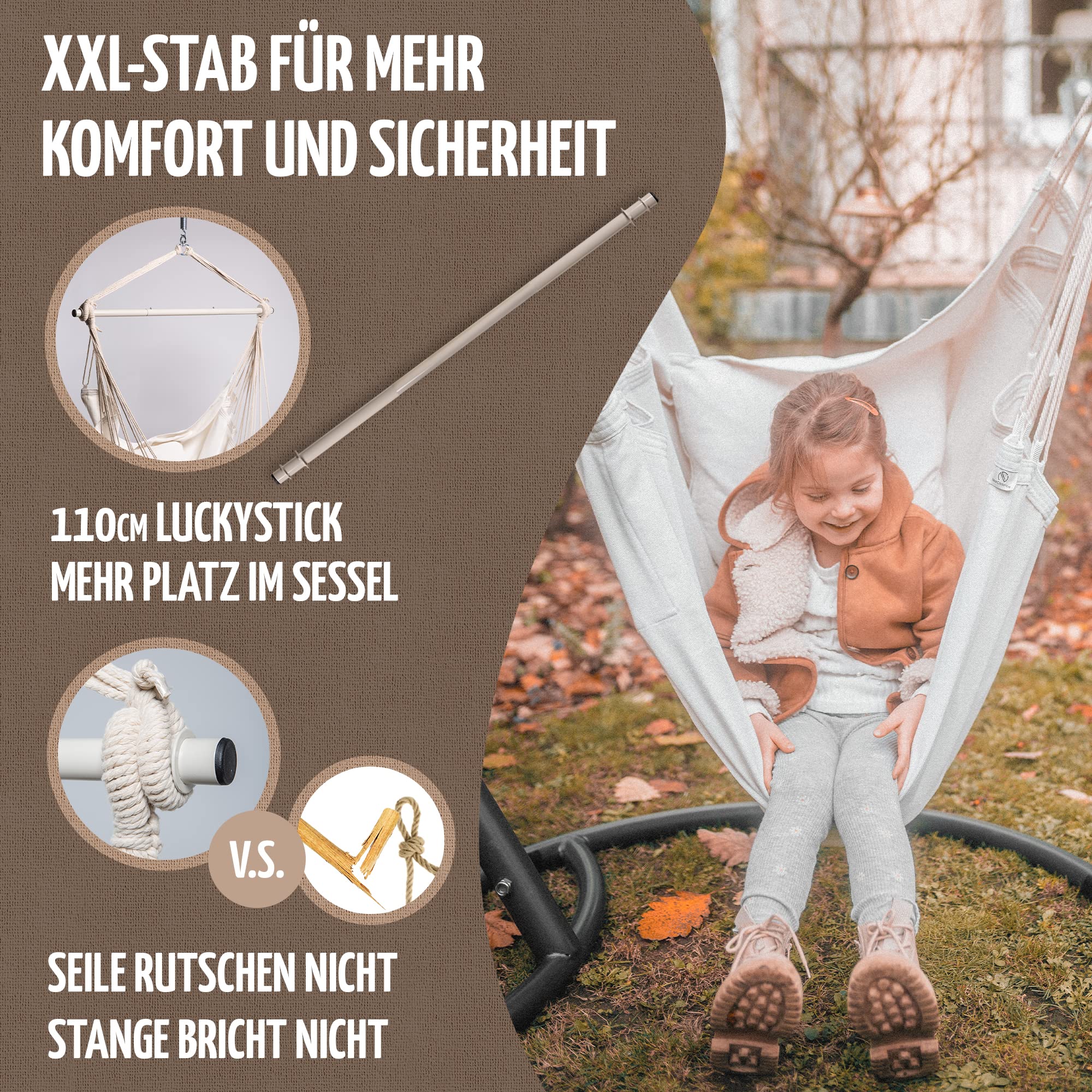 NearDistance® Hängesessel Hängestuhl Indoor Outdoor, Hängesessel ohne Gestell, Hängeschaukel für Erwachsene & Kinder, mit Fußablage & Kissen (Beige)