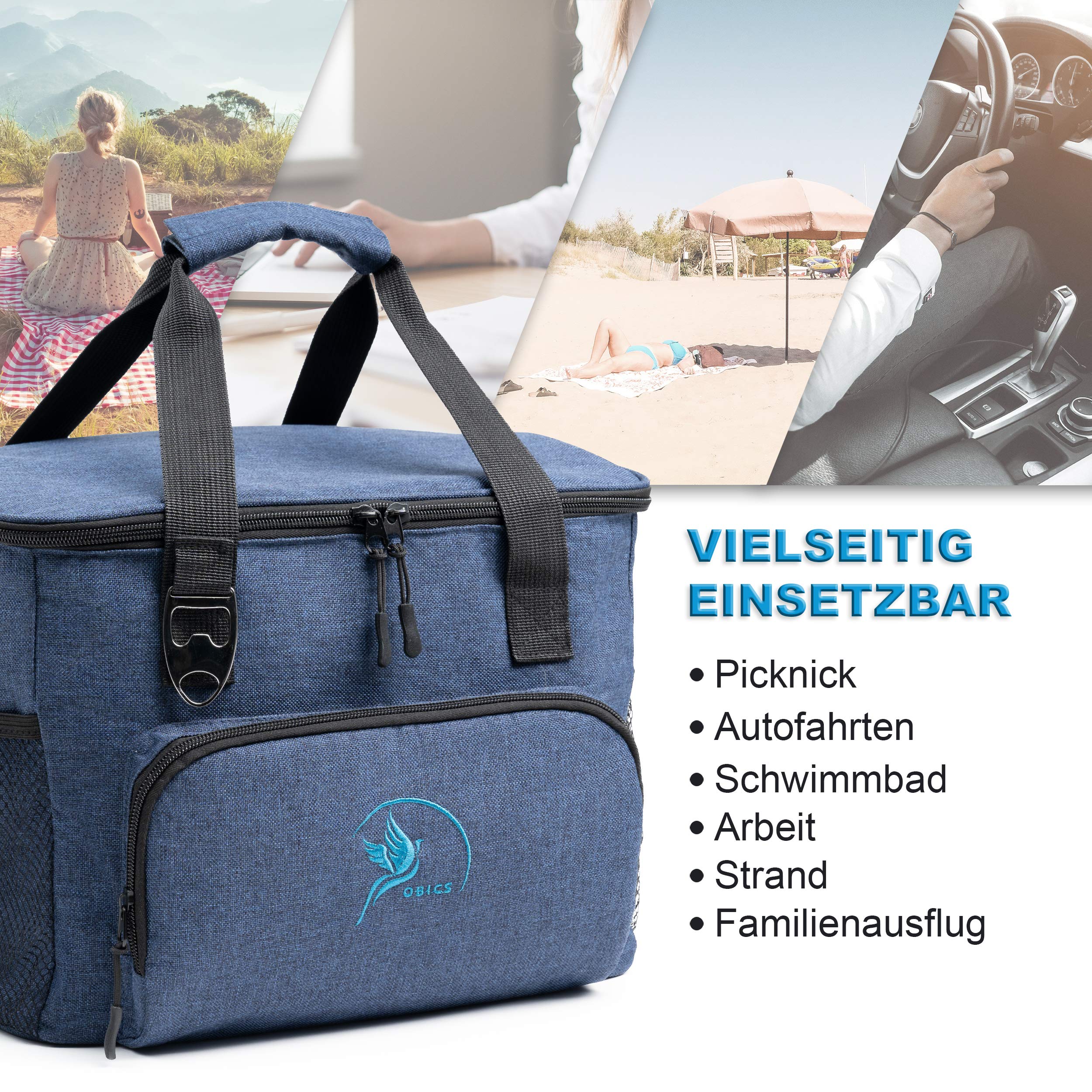 Obics Kühltasche klein 20l Kühlbox Lunchtasche mit Kühl-Akku faltbar - Thermo Isoliertasche Picknicktasche blau für Strand, Arbeit, Auto & Mittagessen - Thermotasche Essenstasche isoliert unterwegs