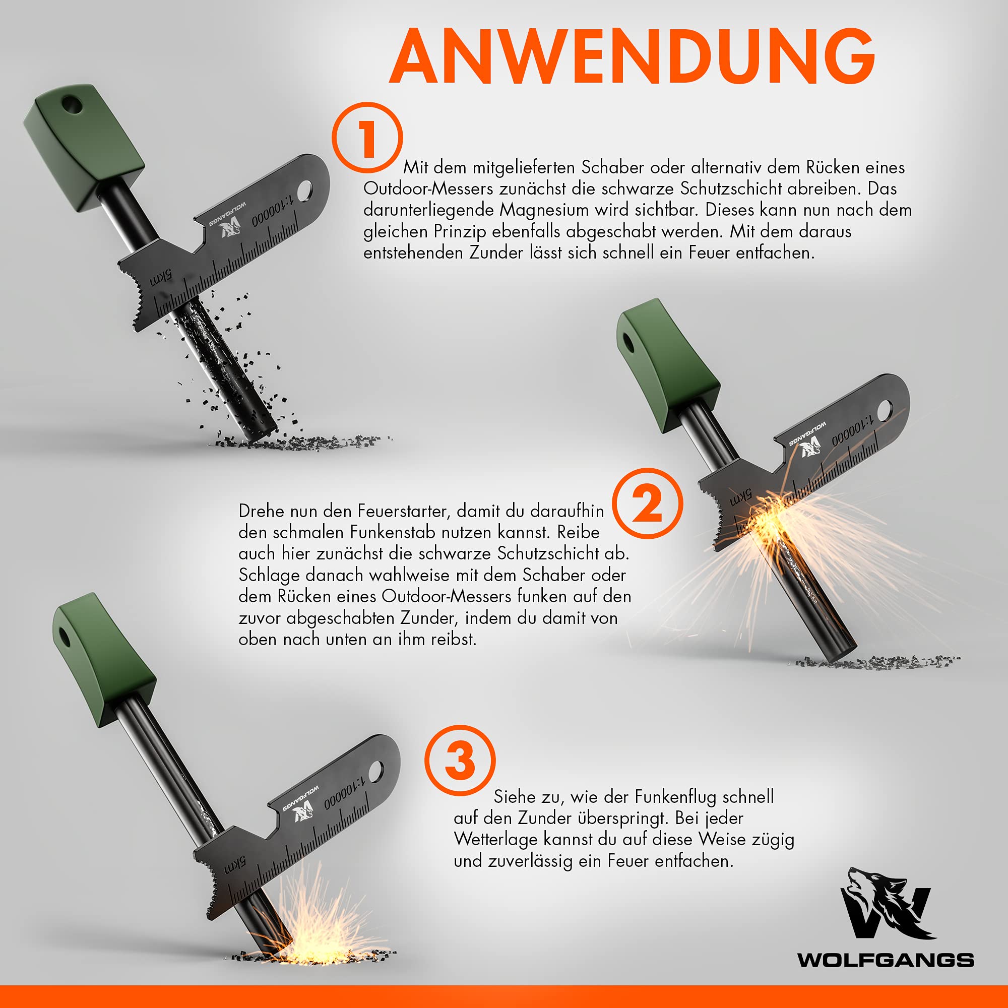 Wolfgangs Feuerstahl Outdoor (Grün) - Feuerstein Survival - Feuerstarter Set - Outdoor Feuerzeug - Feuersteine - Survival Feuerzeug - EIN MUSS für Jede Survival Ausrüstung