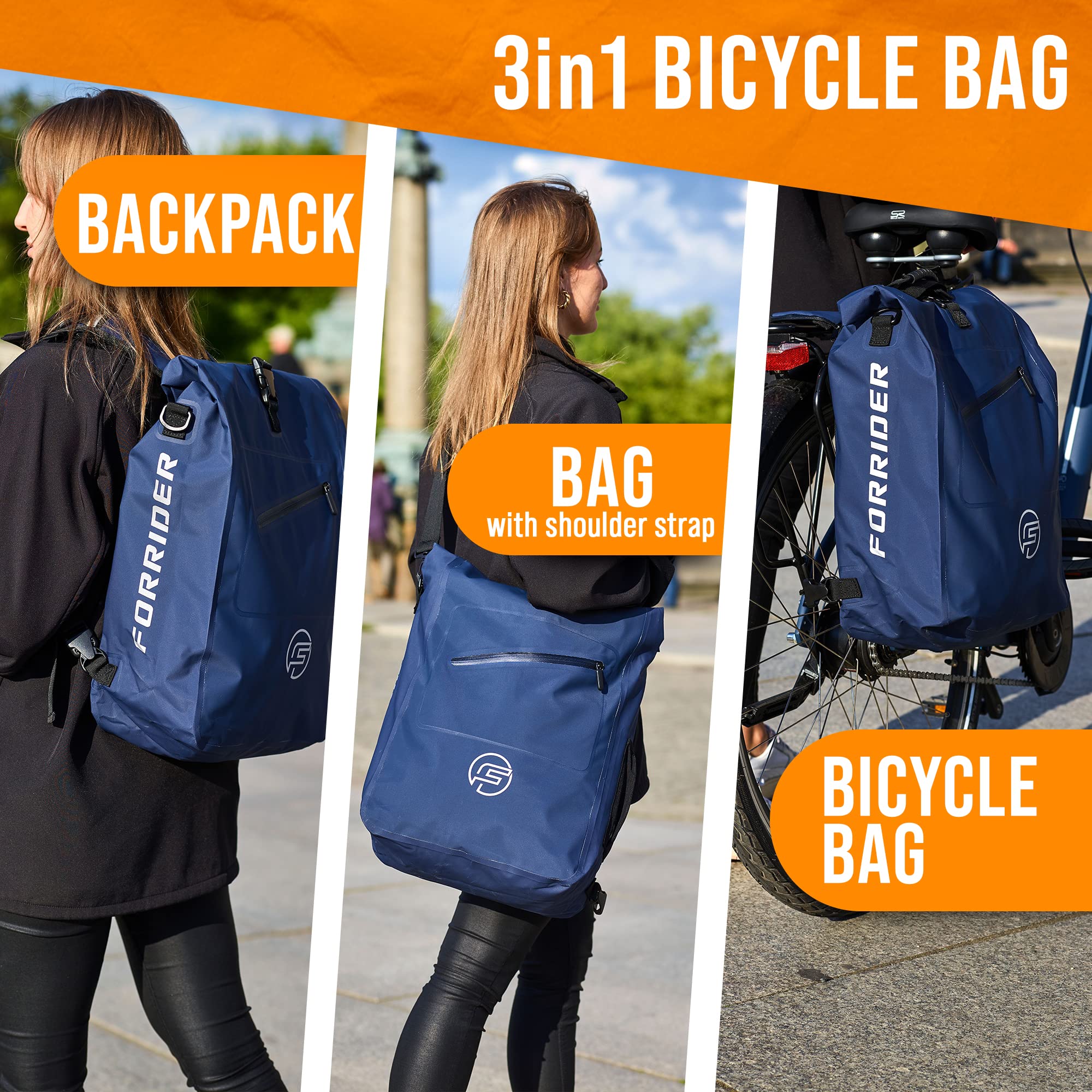 Forrider 3in1 Fahrradtasche für Gepäckträger mit Rucksack Wasserdicht 27L I Gepäckträgertasche Reflektierend I Sattel Tasche fürs Fahrrad (Blue)