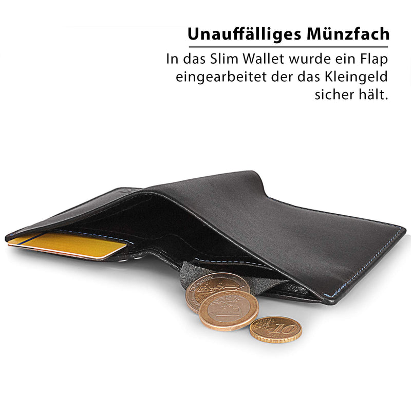 KRONIFY Leder Geldbörse Herren I Echtleder Geldbeutel I RFID Schutz I Mini Querformat I Portmonee ohne Münzfach I 8 Kartenfächer I Männer Portemonnaie I Geschenk Box I Nappa Schwarz/Blau