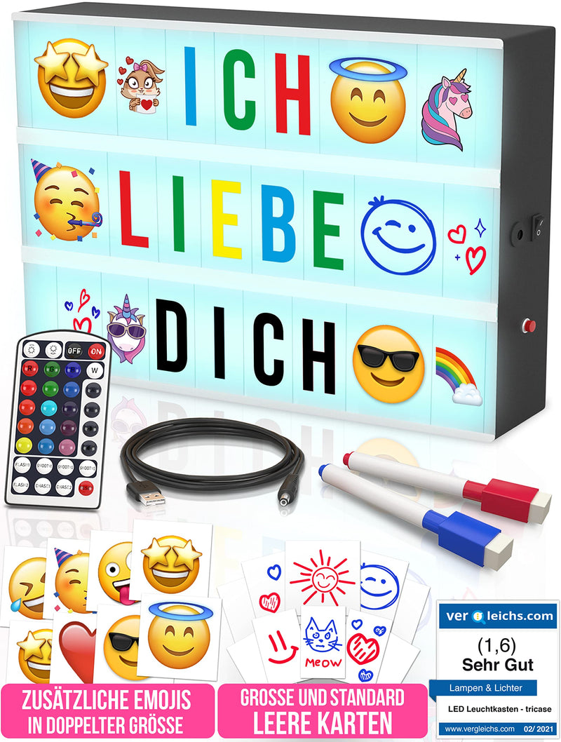 Light Box Kinder mit Farbwechsel - Lightbox mit Buchstaben Leuchtkasten mit Buchstaben Set 386 Schwarz & Farbige Buchstaben & Emoji & 2 Marker Lichtbox Deko Teenager Mädchen Zimmer Leuchttafel