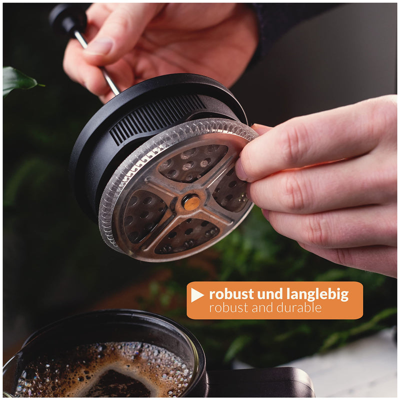 LACARI French Press aus Glas | Kaffeebereiter für 6 Tassen | French Press 1 Liter | Farbe Schwarz | Kaffeepresse 1l mit Ersatzfilter | Geschenk Kaffee