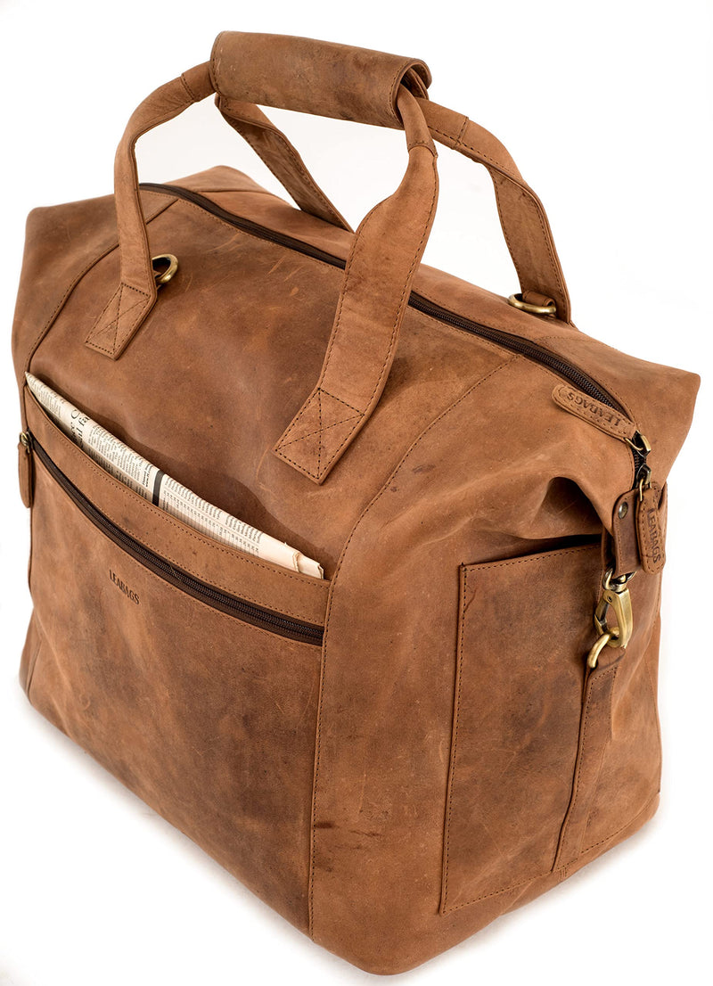 LEABAGS Santa Cruz l Reisetasche l Weekender l Reise Handgepäck l Bordgepäck l Kabinengröße l Cabin Size aus echtem Büffelleder l Vintage Look l Braun l 40x25x35 cm