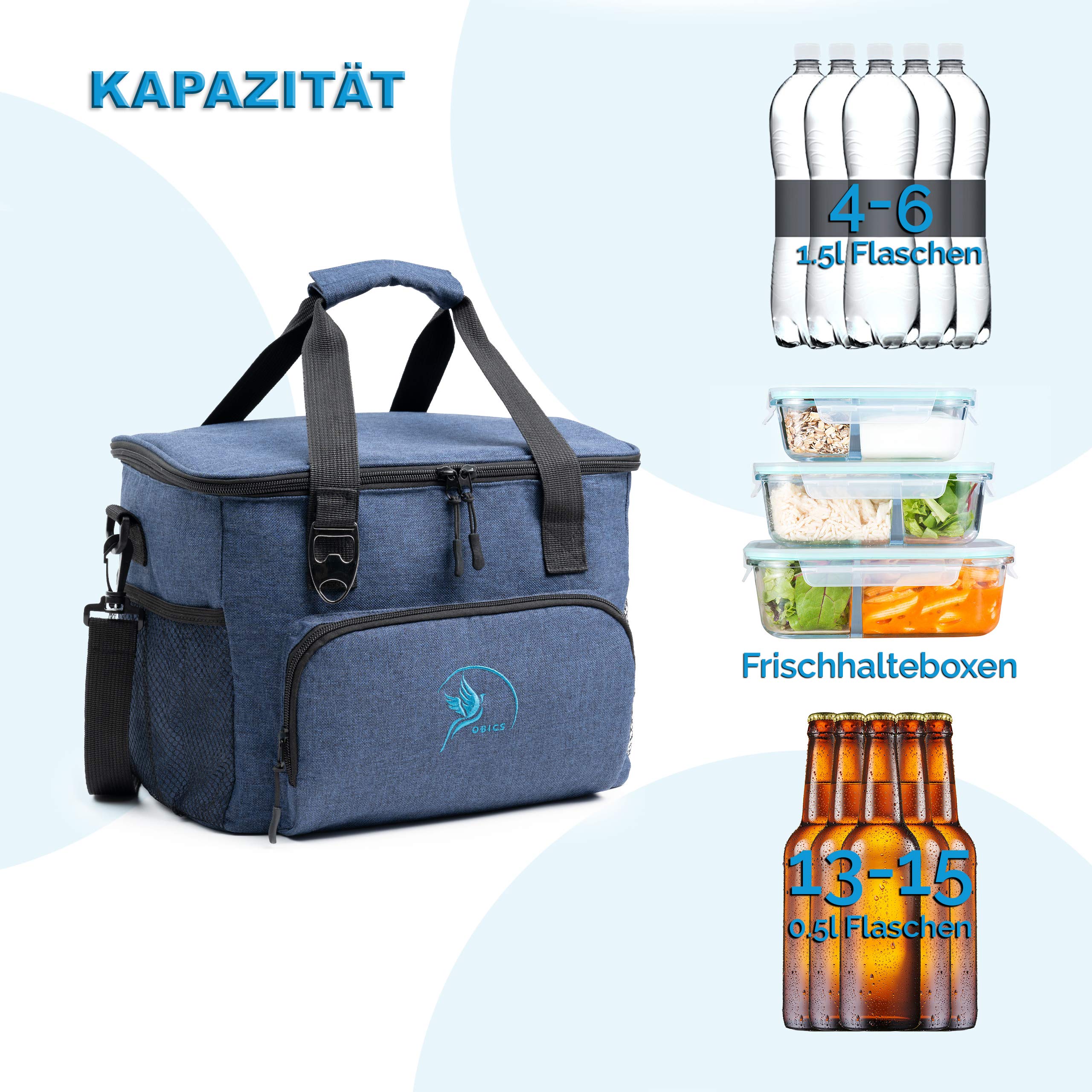 Obics Kühltasche klein 20l Kühlbox Lunchtasche mit Kühl-Akku faltbar - Thermo Isoliertasche Picknicktasche blau für Strand, Arbeit, Auto & Mittagessen - Thermotasche Essenstasche isoliert unterwegs