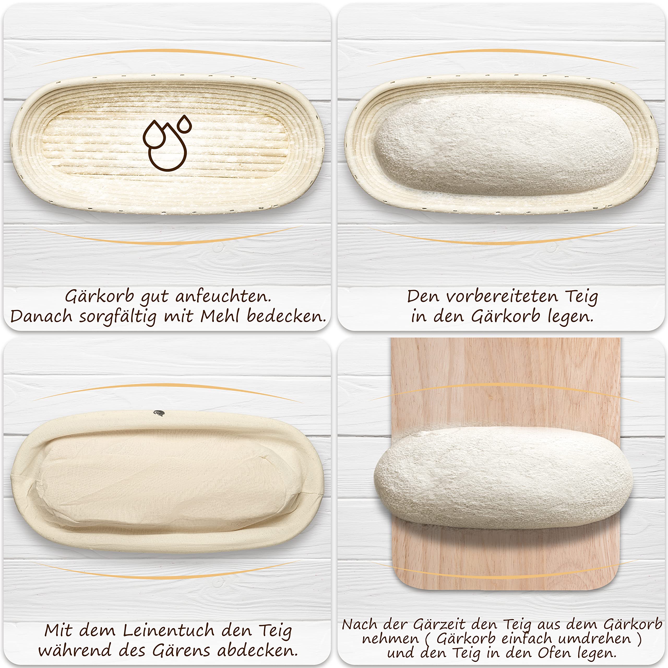 Exitoso Gärkörbchen oval 1kg aus Peddigrohr Ø35cm - Beige inkl. (E-Book Rezept, Leinentuch) - Brot backen mit Gärkörbchen Set - Gärkorb oval Brotbackzubehör Gärform - Garkörbe Brot Brotbacken