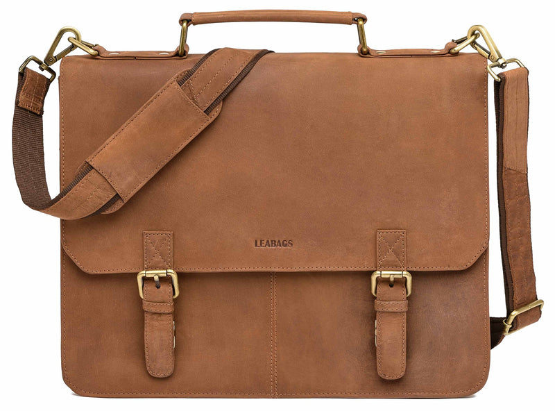 LEABAGS Leder Aktentasche Herren & Damen I Echtleder Laptoptasche bis 15 Zoll I Umhängetasche mit Schultergurt I Schultertasche I Messenger Bag I Arbeitstasche I Lehrertasche I Nature Hellbraun