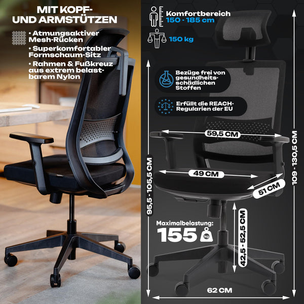 VALKENSTOL M2 Ergonomischer Bürostuhl 150 kg Schreibtischstuhl Ergonomisch [Max Bewegungsfreiheit] Bürostuhl Ergonomisch Schwarz für Arbeitszimmer PC Stuhl Bürostühle Ergonomic Office Chair