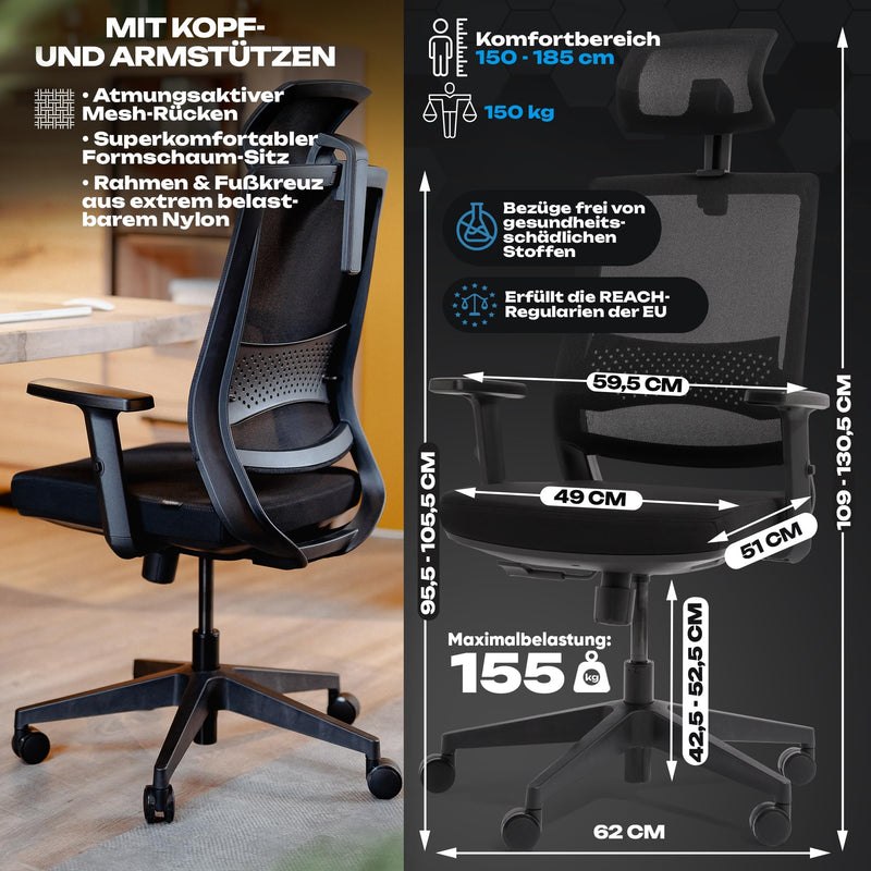 VALKENSTOL M2 Ergonomischer Bürostuhl 150 kg Schreibtischstuhl Ergonomisch [Max Bewegungsfreiheit] Bürostuhl Ergonomisch Schwarz für Arbeitszimmer PC Stuhl Bürostühle Ergonomic Office Chair